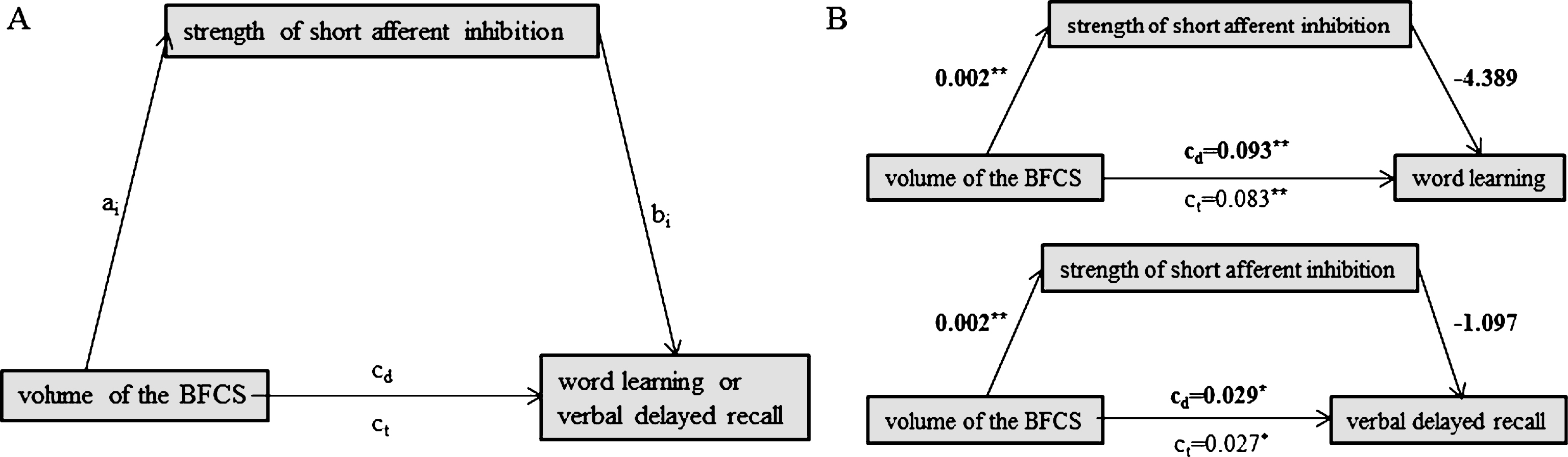 Schematic of mediation (A) and the calculated mediating effects of short afferent inhibition strength on the relationship between volume of the BFCS and word learning (B, top) or verbal delayed recall (B, bottom). All path weights refer to standardized regression coefficients; ct denotes the total effect and cd the direct effect of the predictor on the outcome variable. *Significant at α= 0.05, **α= 0.01, ***α< 0.001, two-tailed.
