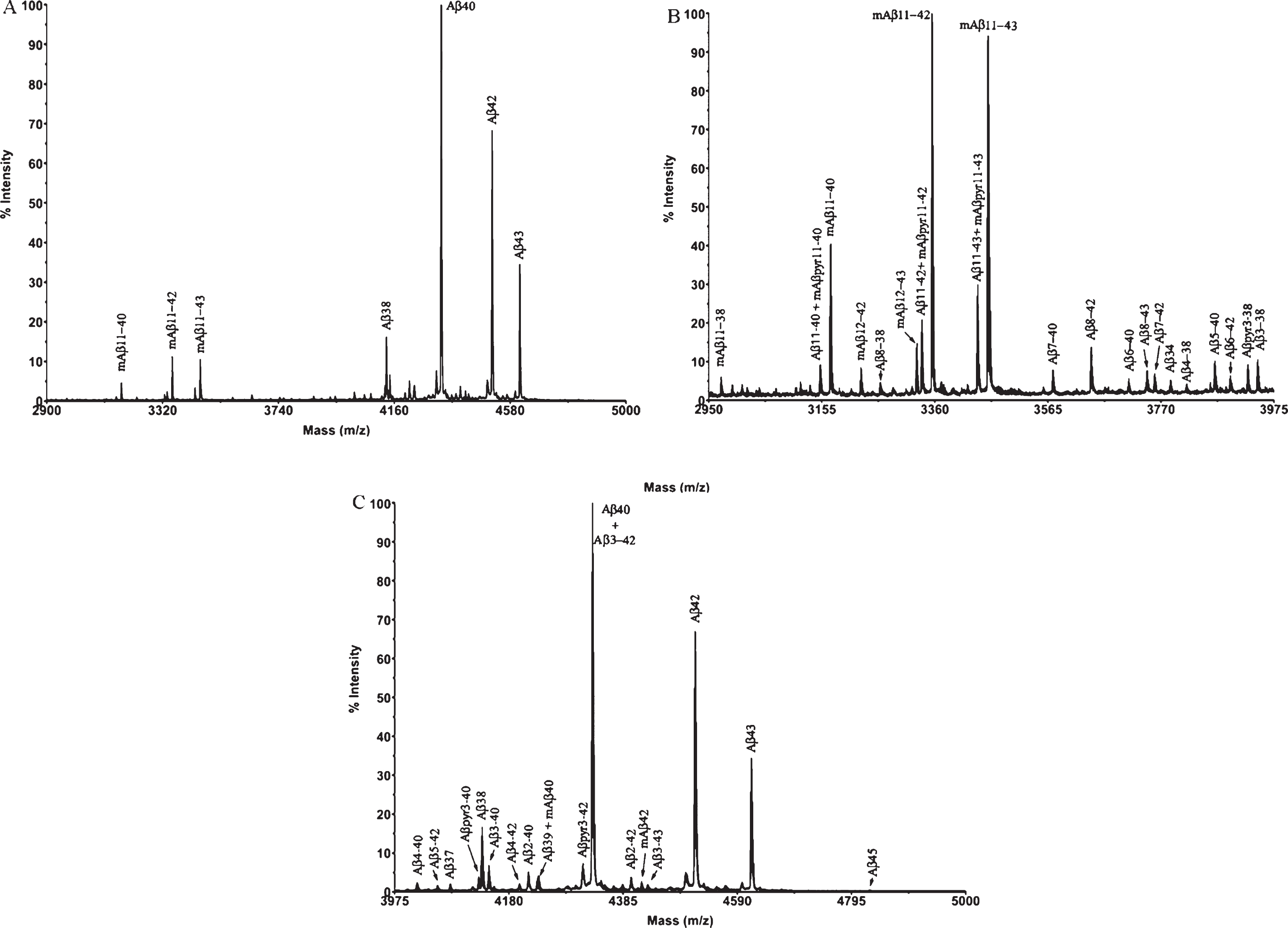 Mass spectrum of a brain extract from APP/PS1 mice (aged 18 months) after immunoprecipitation with mAb 4G8. Full spectral range (A); low-mid mass range (B); high mass range (C).