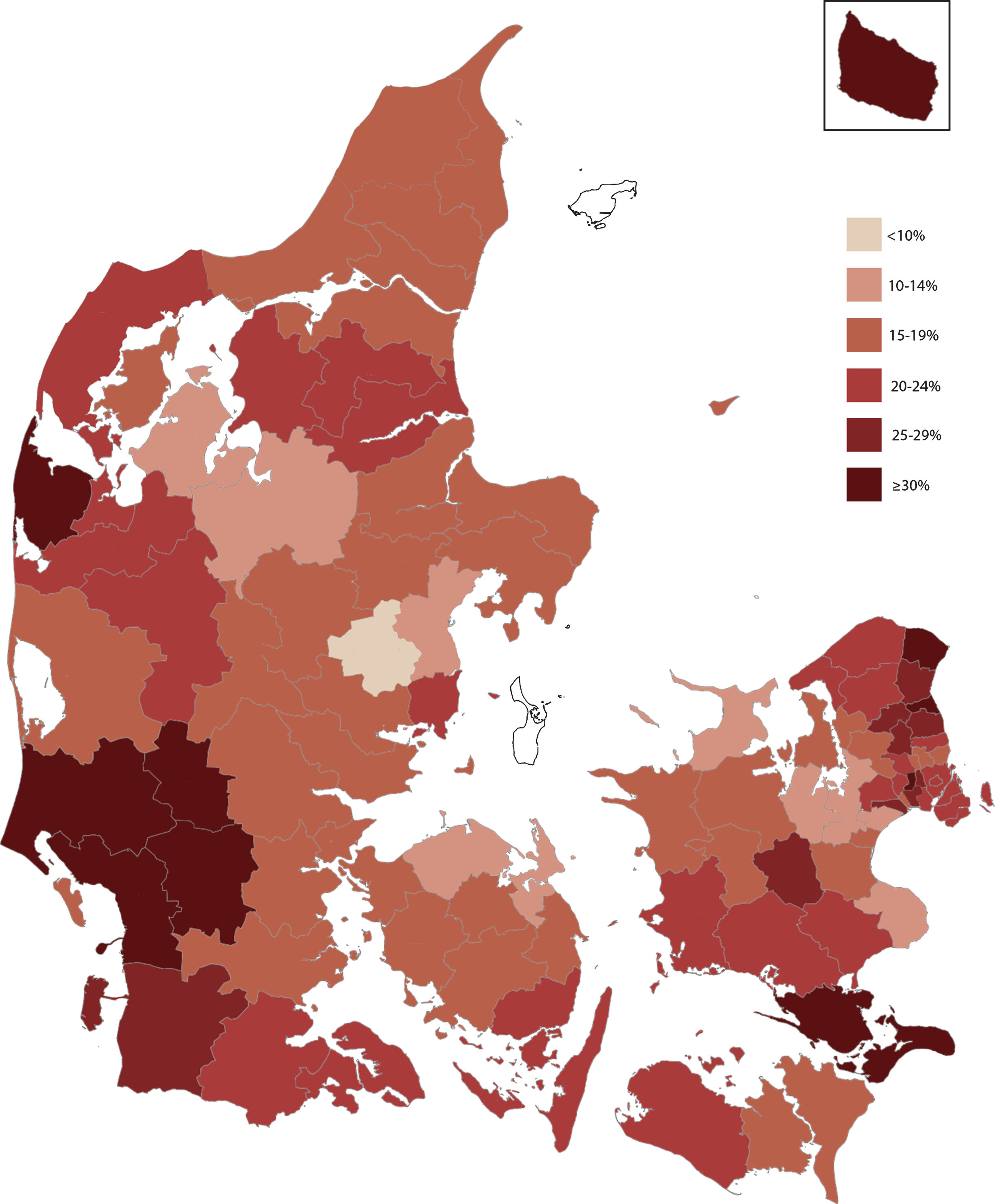 Age and sex standardized prevalent use of antipsychotics in elderly patients with dementia by municipality. Samsø and Læsø municipality were excluded due to insufficient amount of data (<10 antipsychotic users).