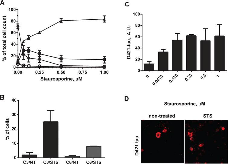 Induction of caspase activation and cleavage of tau at D421 by treatment of N2a cells with staurosporine. A) N2a cells transiently transfected with 2N4R tau cDNA and treated with 0.0625-1μM staurosporine. Caspase activation was detected using a fluorochrome-conjugated pan-caspase inhibitor (SR-VAD-FMK) in a GUAVA PCA96 flow cytometer. Membrane structural integrity was detected by the cell impermeable dye 7-AAD. Cells with low, moderate or high levels of caspase activation are depicted as filled circles, filled squares and filled triangles respectively. Dead cells with no active caspases present and permeable membranes are depicted as open circles. Each point is the mean value of three independent experiments. B) Induction of caspase-3 and caspase-6 was confirmed in two independent experiments in fluorescence activated cell sorting (FACS). N2a cells transiently transfected with 2N4R tau with or without staurosporine treatment and immunolabeled with active caspase-3 or active caspase-6 antibodies in a total population of 100,000 cells for each group. C) Amounts of D421-caspase cleaved tau corrected to total tau levels measured by ELISA in N2a cells transiently transfected with 2N4R tau cDNA and treated with 0.0625–1μM staurosporine. Linear regression with variable slope analyses was used to calculate relative amounts of total tau from standard curves based on purified PHFs. Relative amounts of D421-caspase cleaved tau were calculated from standard curves derived from N2a cell lysates transiently expressing 2N4R tau and treated with staurosporine. Mean values of six individual datasets from three independent experiments are presented. (D) Fluorescence micrographs of N2a cells transiently transfected with 2N4R tau with or without treatment with 0.158μM staurosporine and immunostained for D421 caspase-cleaved tau.