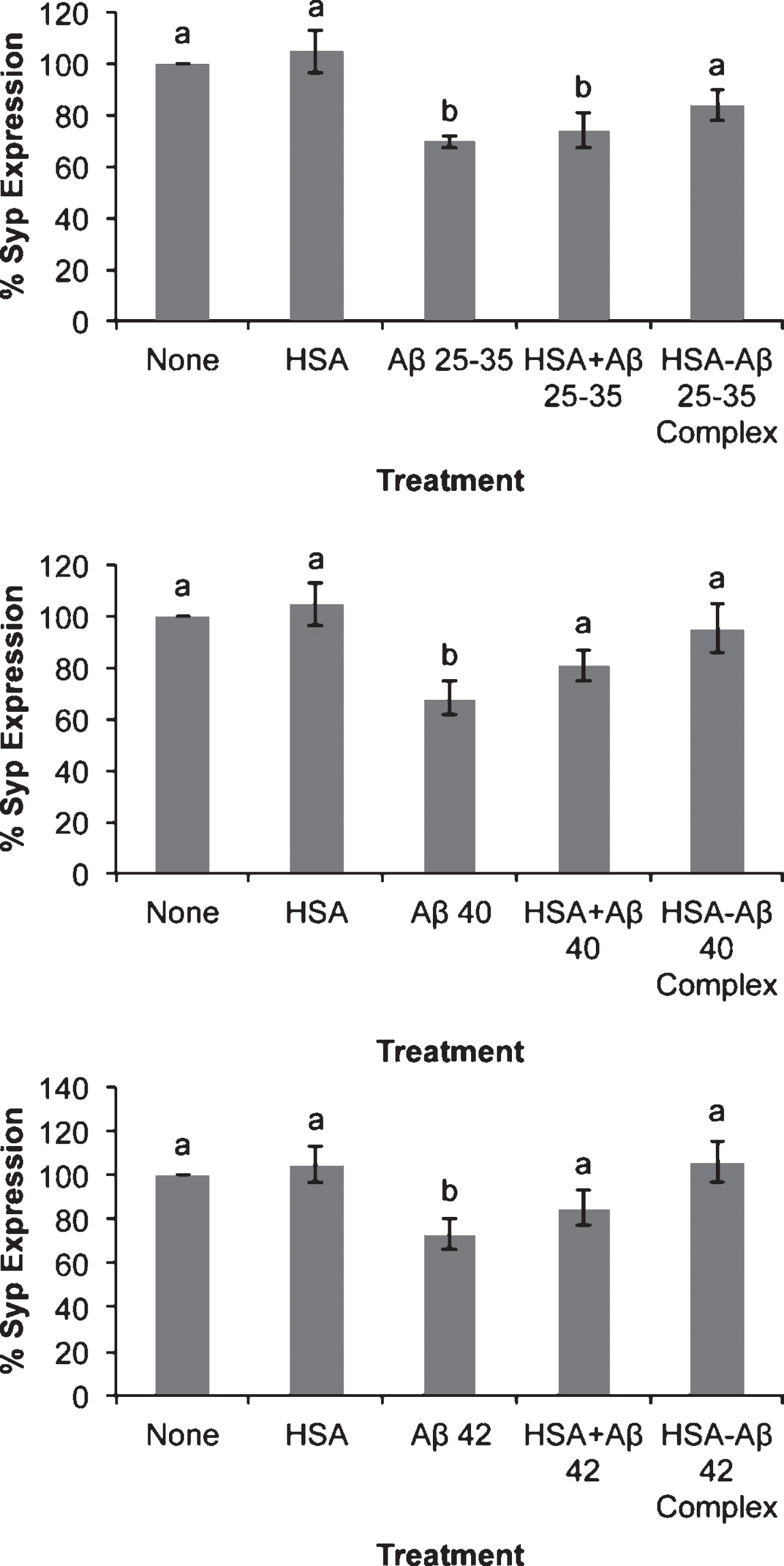 Effect of amyloid-beta peptides on synaptophysin expression in the absence or the presence of HSA. Neurons in primary (3 DIV) culture were incubated for 20 h in DMEM medium with three different Aβ peptides: Aβ25-35, Aβ40, or Aβ42 (30 μM) in the absence or the presence of HSA (30 μM) or as HSA-Aβ complexes (30 μM). Then proteins were obtained and analyzed by western blot. Results are expressed as percentages compared to non-treated cells and are means±SEM (n≥7). One-way ANOVA and Dunnett Test were applied in order to compare different treatments vs. control. Distinct characters are used to indicate statistically different groups as compared to the control (p < 0.05). See Supplementary Figure 2 for raw western blot.