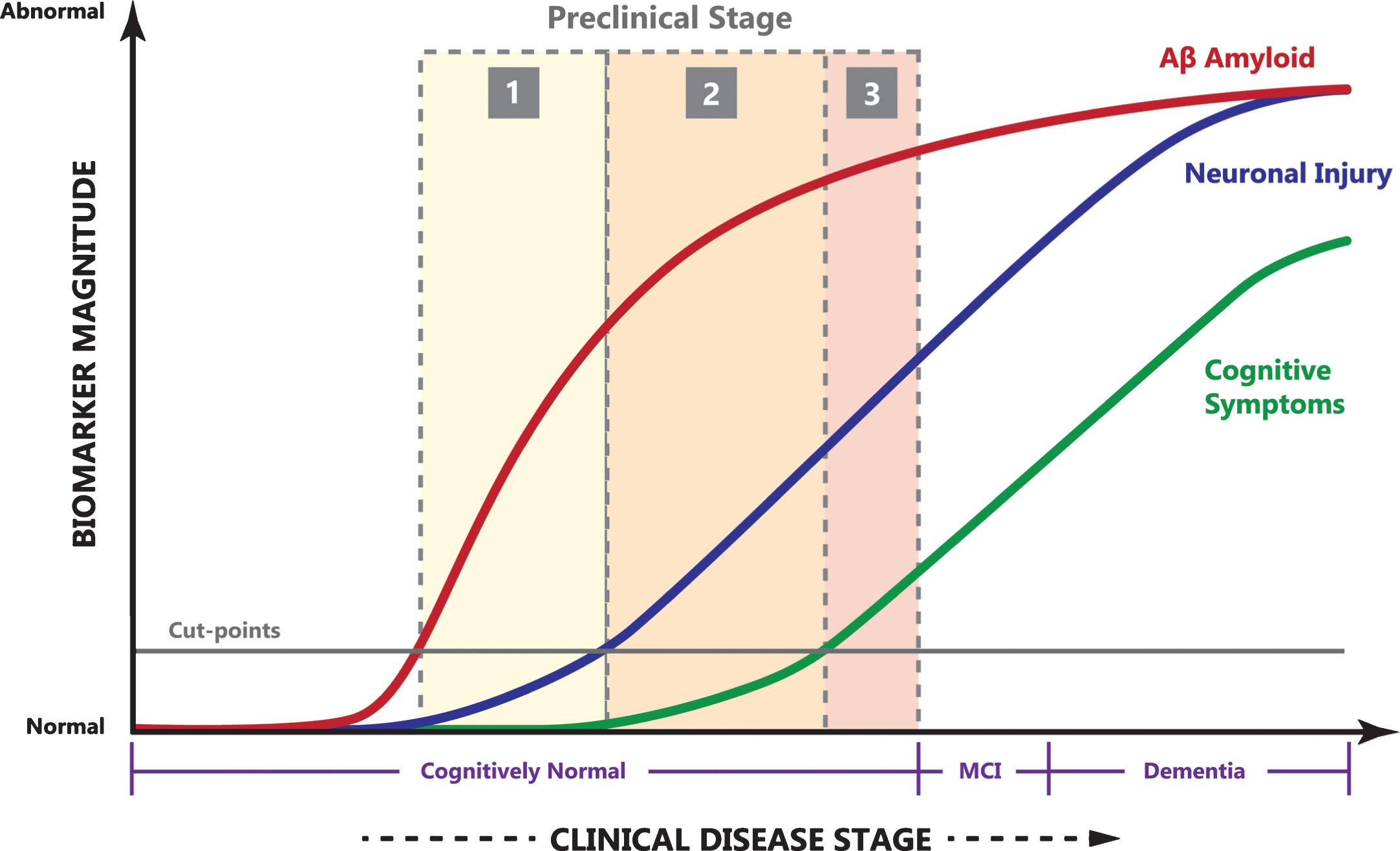 The relationship of clinical disease stage to biomarker magnitude (arbitrary units). Notice the long period of cognitively normal preclinical AD, quickly progressing though MCI to AD dementia. Image adapted with permission from [15].