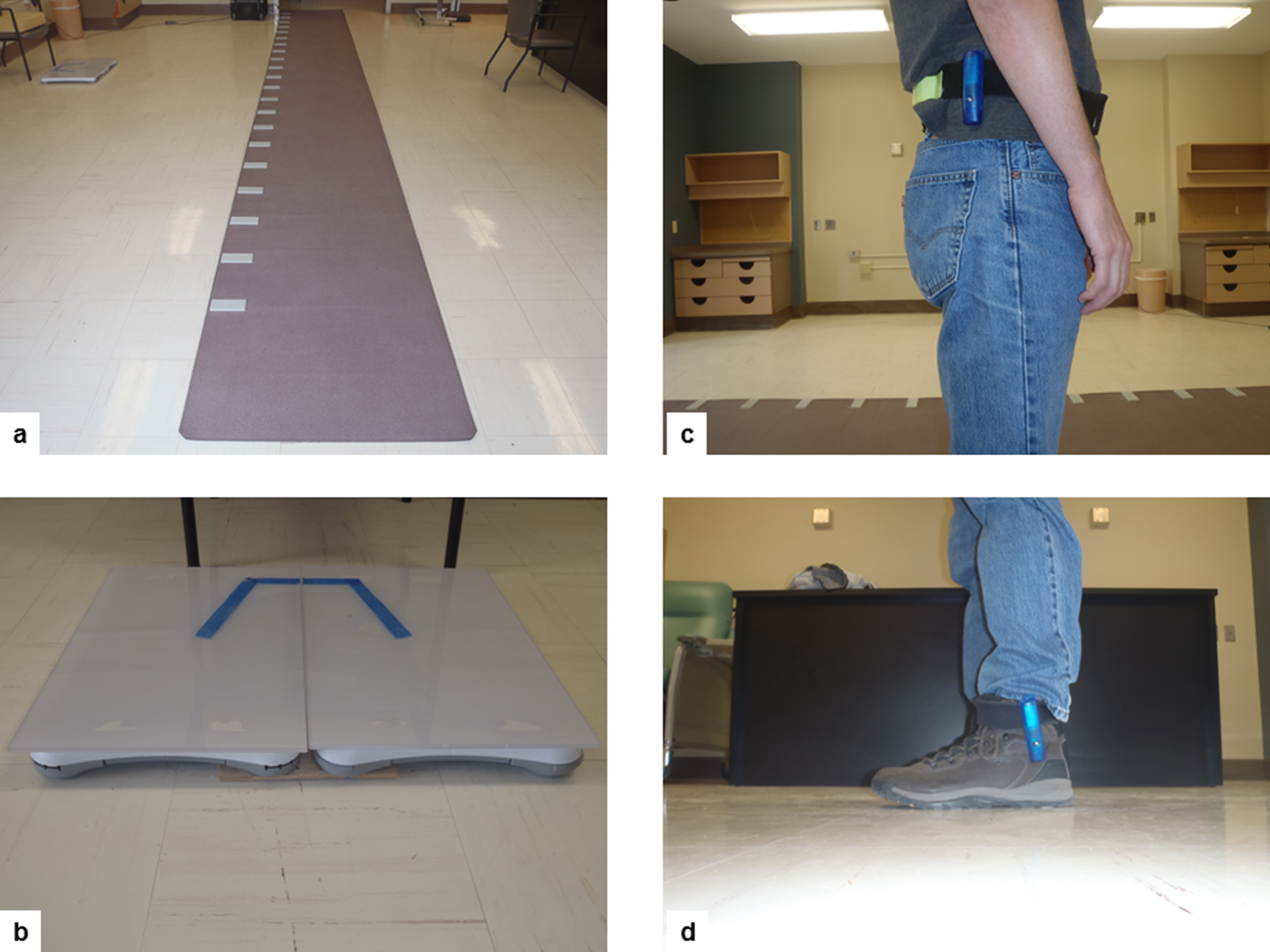 Equipment that will be used to assess gait and balance performance: (a) GaitRITE® mat for gait assessments; (b) Wii board adapted to assess balance control during rest conditions and sit-to-stand transitions; (c) Accelerometers attached to hips and ankles will be used in sites where they are available.