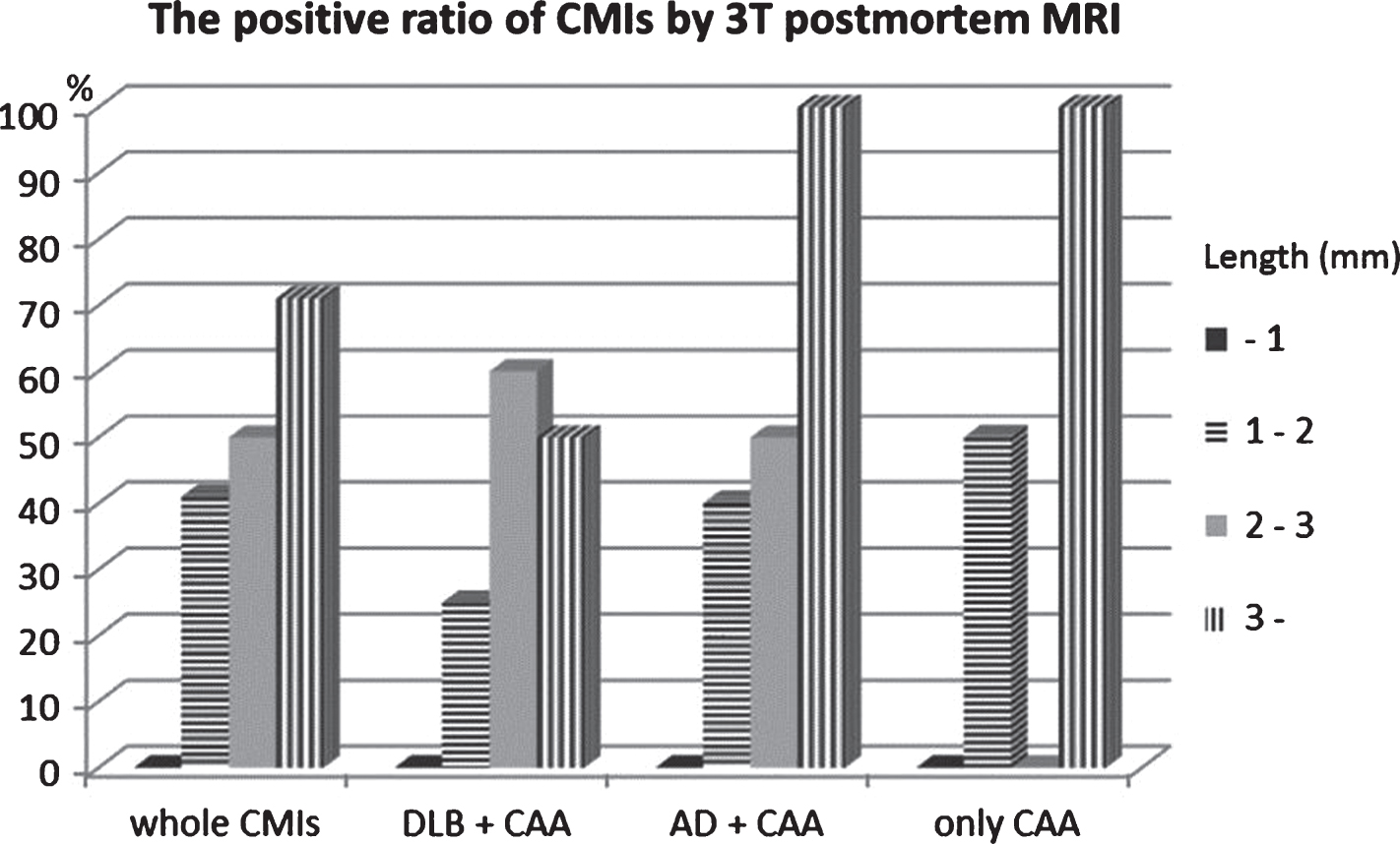 Size distribution of the detection ratio of CMIs with postmortem 3T MRI. With only CAA or CAA complicated with Lewy body disease or Alzheimer’s disease, the positive ratio of CMIs is almost the same. CMIs of about 2 mm were detected with 3T postmortem MRI, but those less than 1 mm could not be detected. Between 1 and 2 mm, the environmental topography around CMIs in the cerebral gyrus determined whether or not they could be detected. CMIs that were located in complex cortical regions tended to be undetectable.