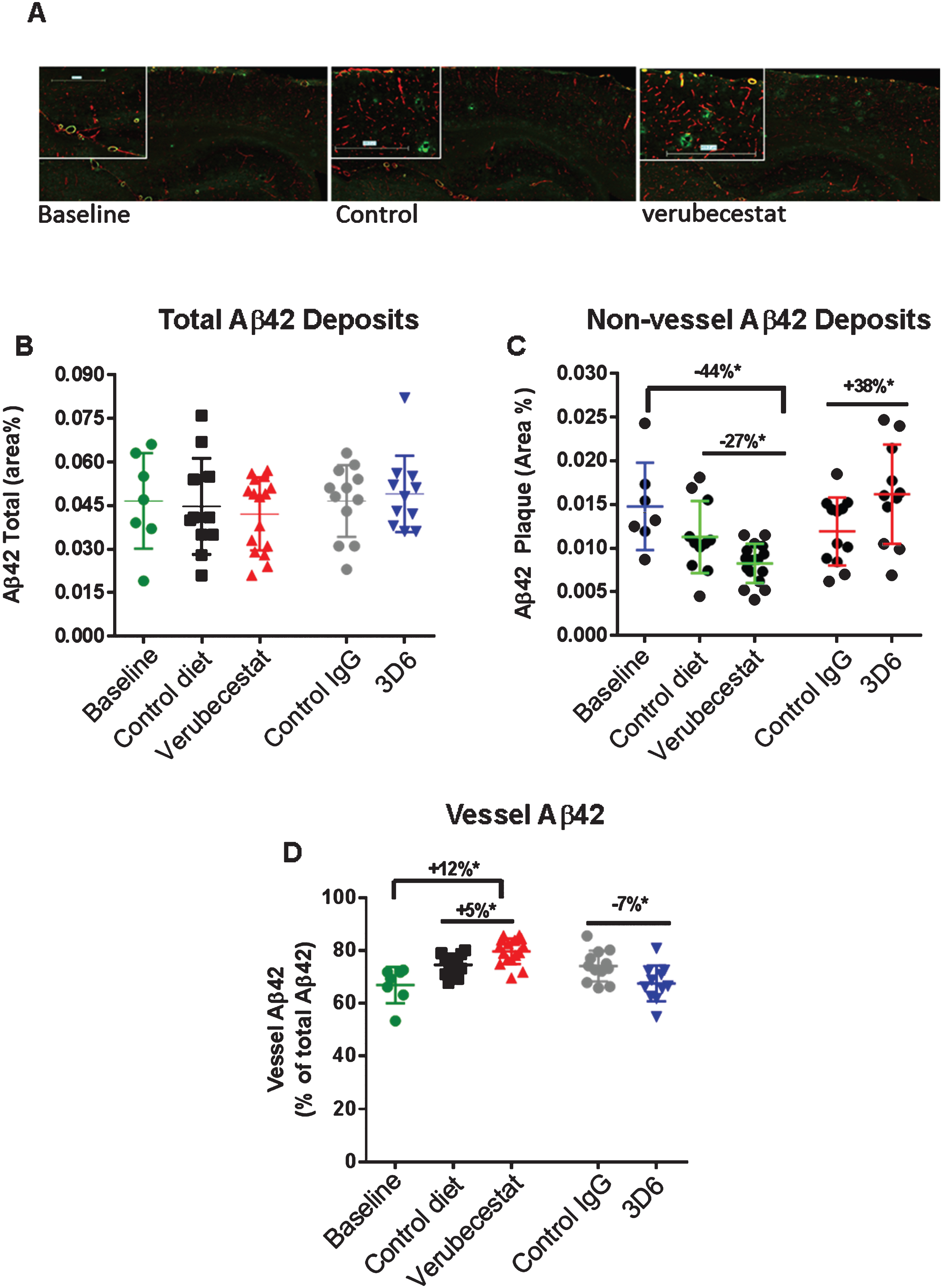 Analysis of total, non-vessel and vessel-associated Aβ42 deposits. A) Representative images from a baseline (left), control (vehicle) diet-treated (middle), and verubecestat-treated mouse stained with the C-terminal specific anti-Aβ42 antibody, G2-11 (green) and with an anti-collagen IV antibody to label all blood vessels (red). Scale bar = 500 microns. Magnified insets are to allow for closer inspection of staining profiles. B) Fractional area of total Aβ42-immunoreactive deposits. C) Fractional area of non-vessel Aβ42-immunoreactive deposits determined by subtraction of the area of Aβ42 staining co-localized with collagen IV positive pixels (defined as vessel-associated Aβ42) from the total area of Aβ42-reactivity. D) Fraction of the total Aβ42 deposits associated with vessels. Aβ42 reactive areas were normalized to the area of the total region analyzed. *p < 0.05 (two-tailed t-tests, pairwise). Data are means±sd.
