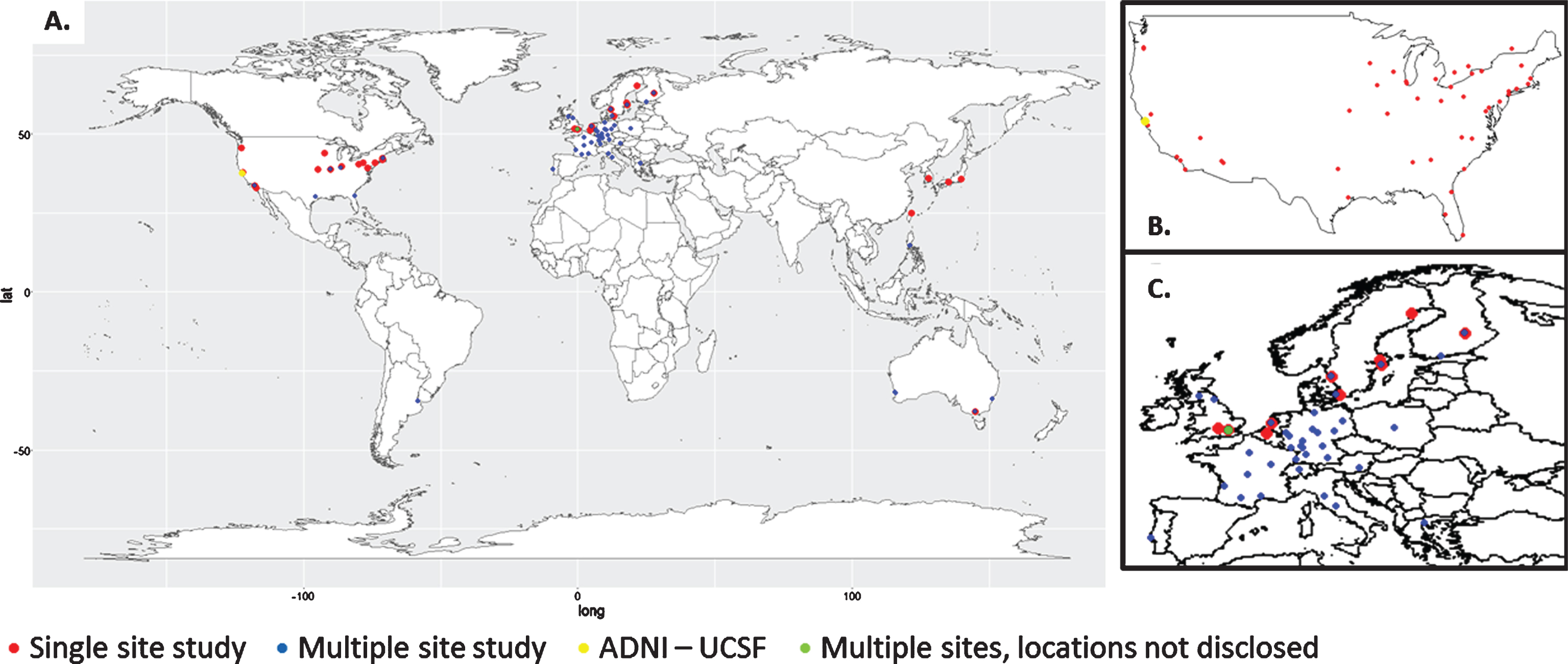 Study locations. Proportion of studies in each country. Countries in multinational studies included: France, Germany, Switzerland, and the United Kingdom. One article did not specify in which countries the study took place. One article specified multinational European study sites, 2 articles specified North American, and 1 study featured USA, Australia, Europe, and Argentina.