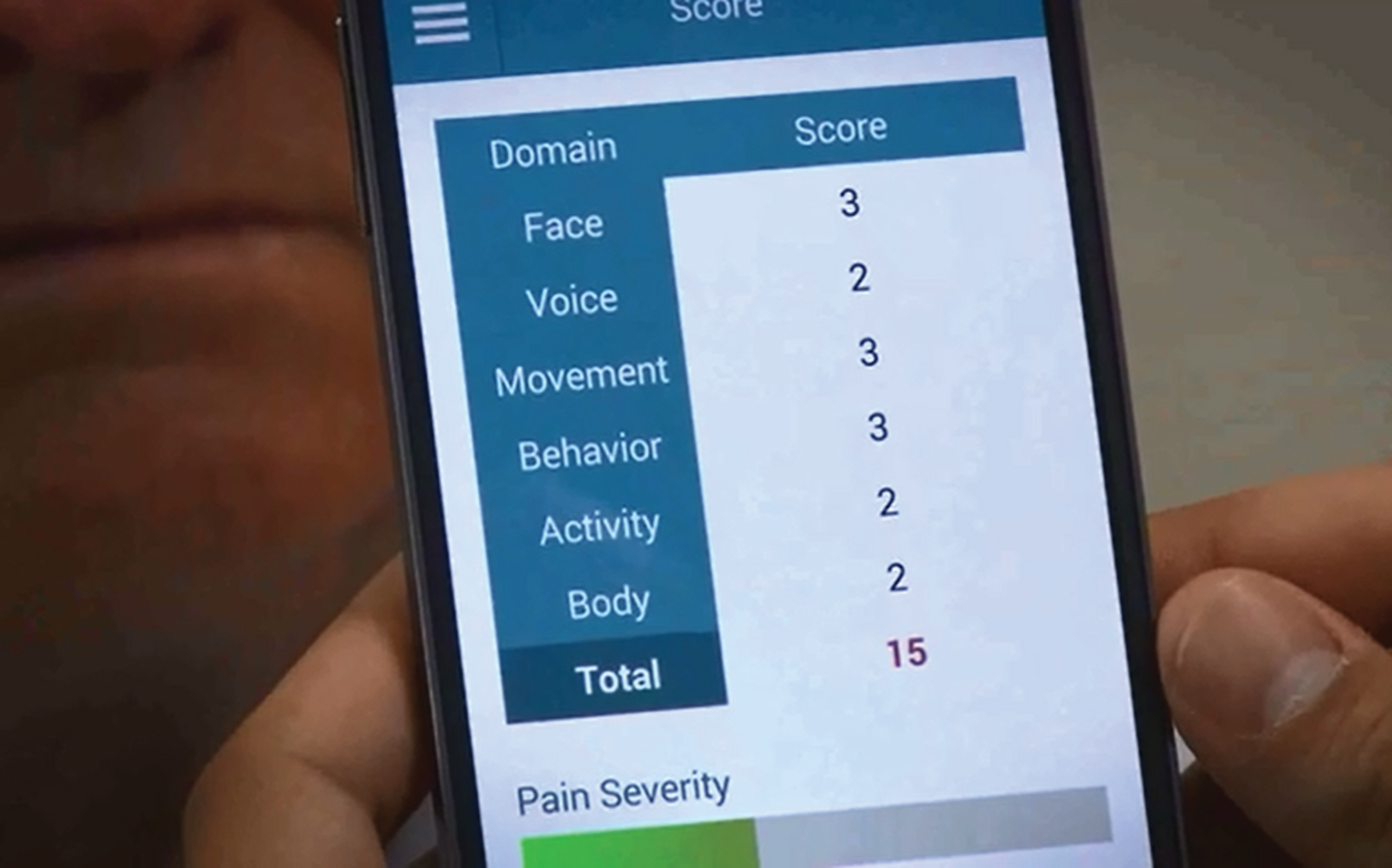 Total score screen of the ePAT App depicting to pain intensity score.