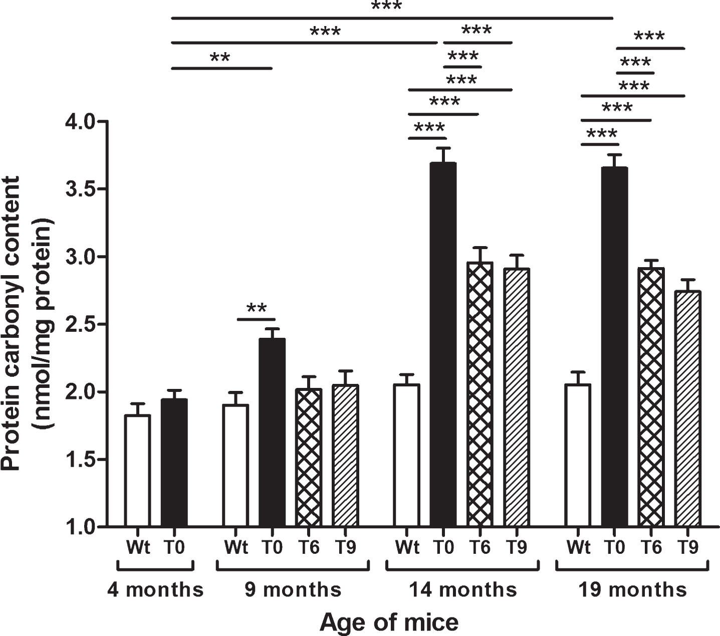 Effect of dietary walnut supplementation on protein oxidation in AD-tg mice. Protein oxidation was assessed as protein carbonyl content in the liver tissues. Diet with walnuts was fed to AD-tg mice from the age of 4 months for a period of 5, 10, or 15 months, i.e., until the age of 9, 14, or 19 months. Data are represented as the mean±SEM. Wild-type mice on control diet (Wt), AD-tg on control diet (T0), and AD-tg mice on diet containing 6% walnuts (T6) and 9% walnuts (T9). *p < 0.05, **p < 0.01, and ***p < 0.001.