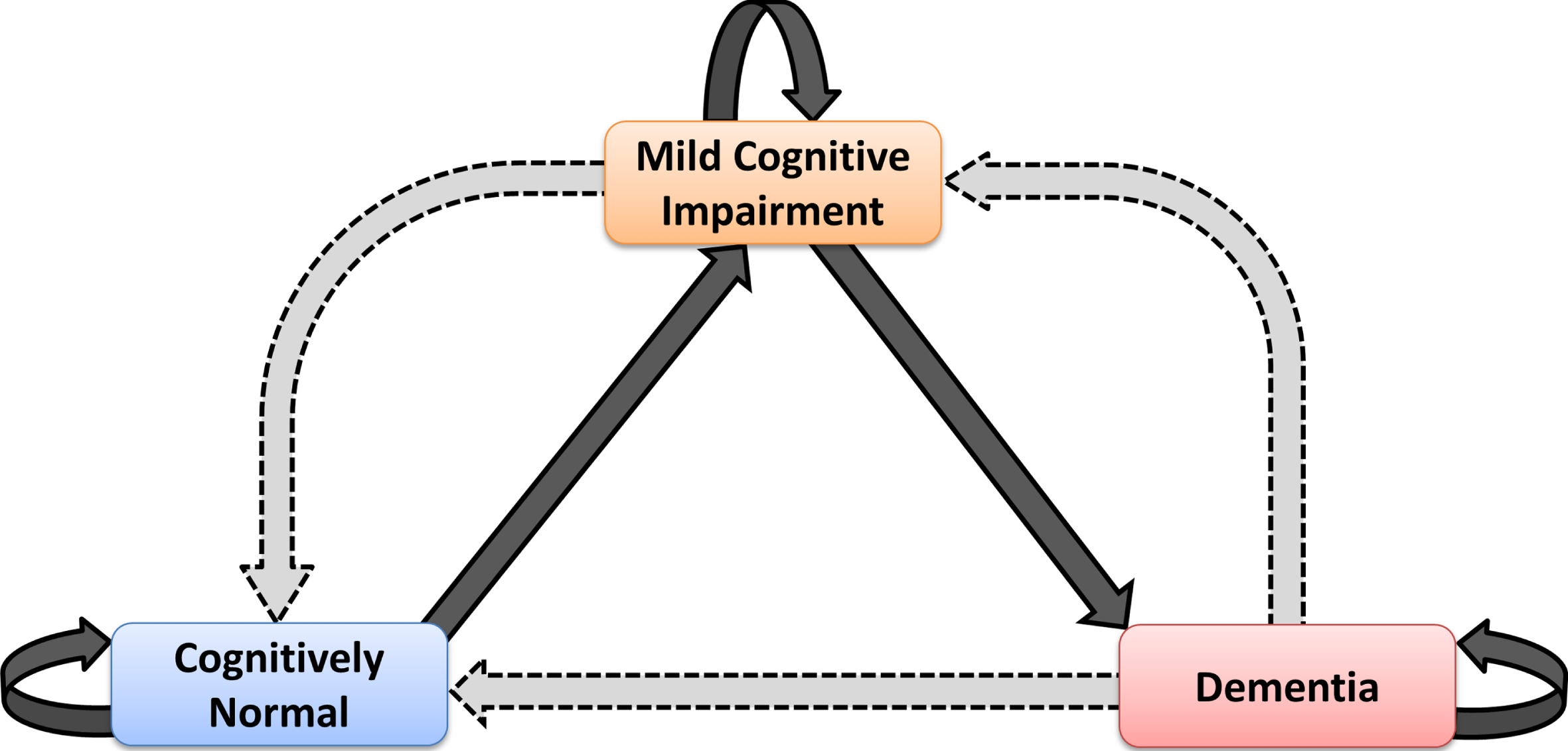 Schematic diagram showing the possible health and disease states in which one individual can be classified in the present study and potential transitions between these states. Observable back-transitions of individuals from Mild Cognitive Impairment to Cognitively Normal state, and from Dementia to Mild Cognitive Impairment and Cognitively Normal states are questionable; they might be real, or just due to different factors that can affect the accuracy of the diagnosis.