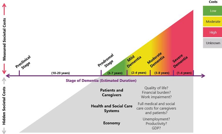 Tip of the iceberg: Measured societal costs represent only a proportion of the total burden of ADRD. Most studies that have assessed the costs of ADRD have focused on patients with a dementia diagnosis and have generally demonstrated that costs increase with disease severity. However, such studies may not fully capture the total impact of ADRD for three reasons. First, the magnitude of indirect costs (e.g., lost productivity, informal caregiving) can vary widely depending on the methodologies and assumptions used. Second, cost of illness studies may not be measuring the full spectrum ADRD costs; for example, financial impacts on households (e.g., reduced savings, financial exploitation, out of pocket costs, unemployment) may have substantial and intergenerational effects on the economy. Finally, some studies suggest that costs begin to accrue years before a dementia diagnosis, albeit at a comparatively lower rate than those in advanced disease stages. However, given the long preclinical stage (estimated at 10–20 years), it is possible that these ‘hidden costs’ represent a substantial fraction of cumulative ADRD costs. Given the current evidence base, we cannot accurately gauge the size of these ‘hidden costs’, making it challenging to quantify the full burden of ADRD and the potential value of health interventions and policies.