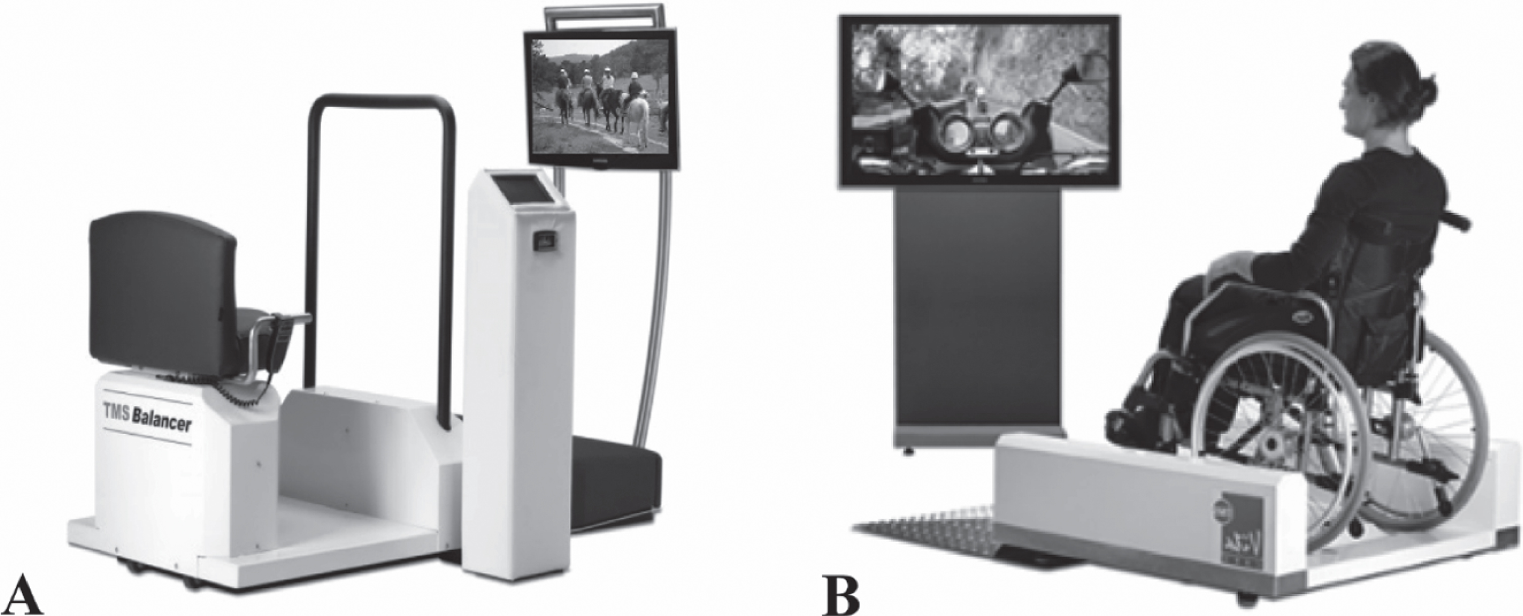 A) The balancer with a chair, screen, and control panel, and B) the wheelchair pod with a wheelchair platform and television screen (identical control panel as in Fig. 1A is not depicted). A wheelchair as well as a normal chair could be safely secured on the wheelchair platform. Both platforms are used to provide the TMSim, WBV, and TMSim + WBV intervention sessions.