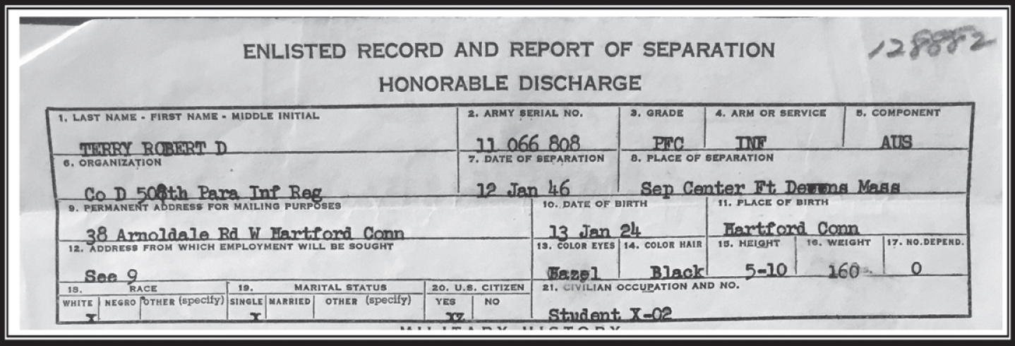 Top section of Bob’s Terry Honorable discharge from the Infantry as Private First Class in 1946.