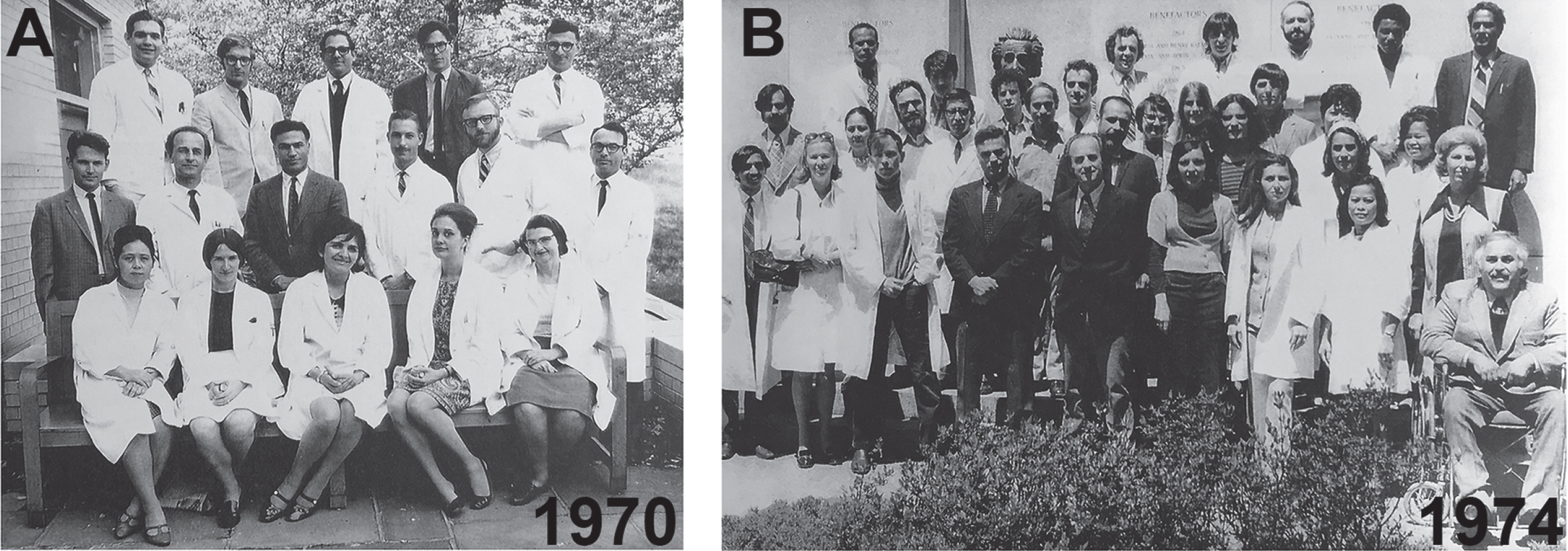 Robert Terry’s Neuropathology teams at the Einstein in the Bronx NY. A) In 1970, Bob Terry at the center with Henry Wisniewski to the left and Michael Shelansky in the back row. B) As the group has grown and prospered in 1974, with Bob Terry and Henry Wisniewski in the front row center and Khalid Iqbal in the far left.