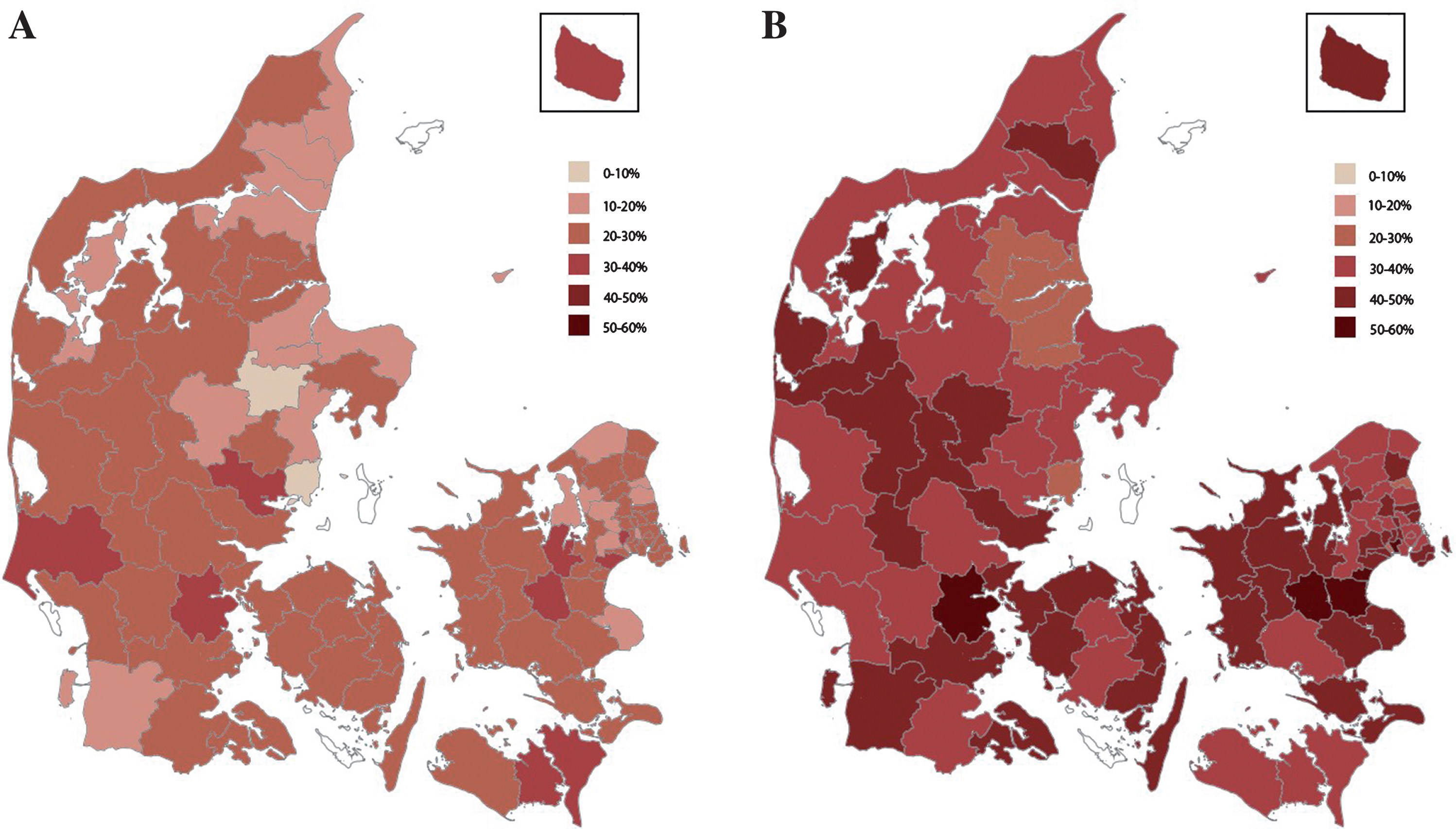 A) Age and sex standardized prevalence of opioid use among home-living patients with dementia across the Danish municipalities. White indicates exclusion due to insufficient data. B) Age and sex standardized prevalence of opioid use among nursing home residents with dementia across the Danish municipalities. White indicates exclusion due to insufficient data.