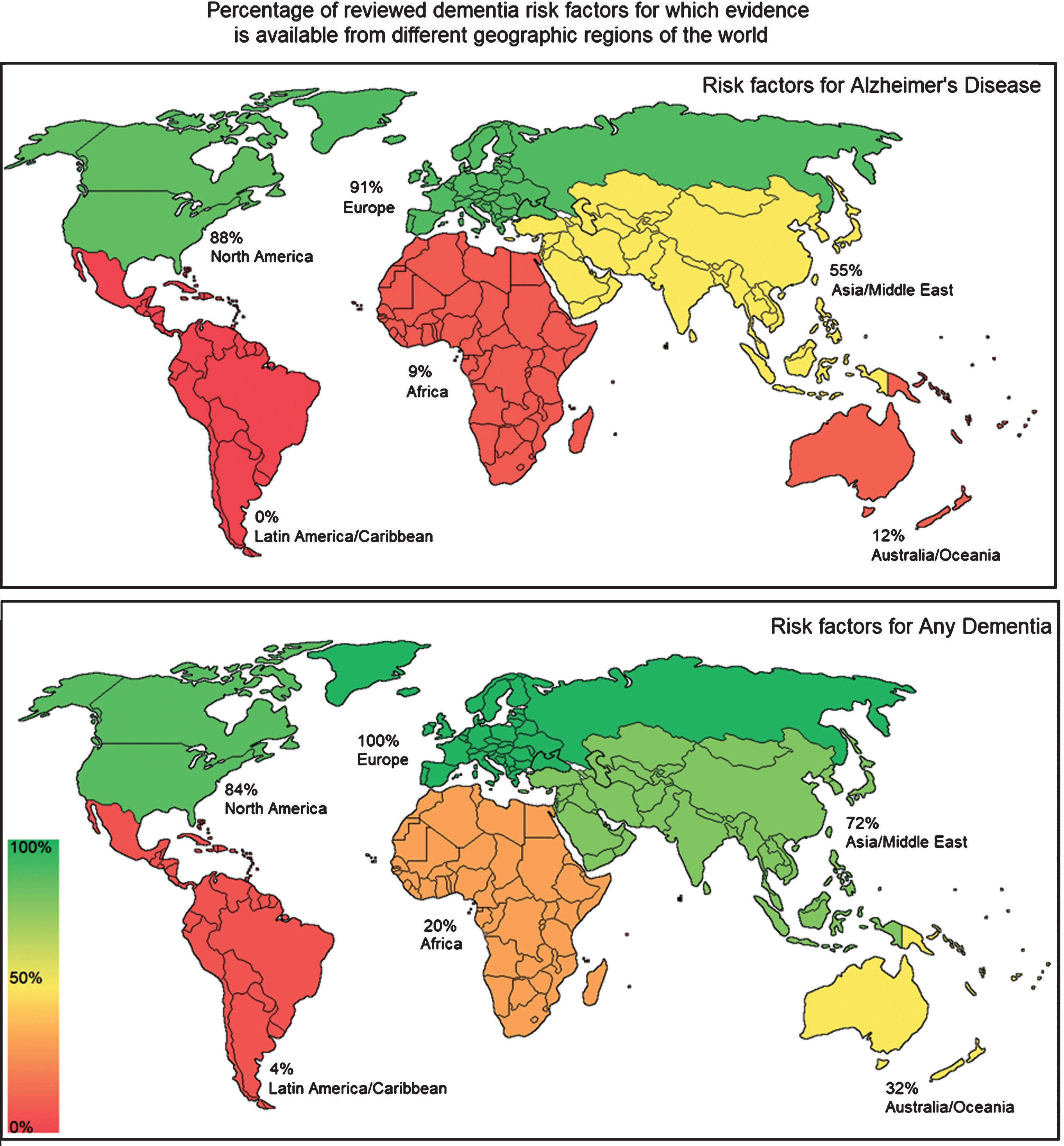 World maps showing distribution of evidence on risk factors for Alzheimer’s disease and Any Dementia.