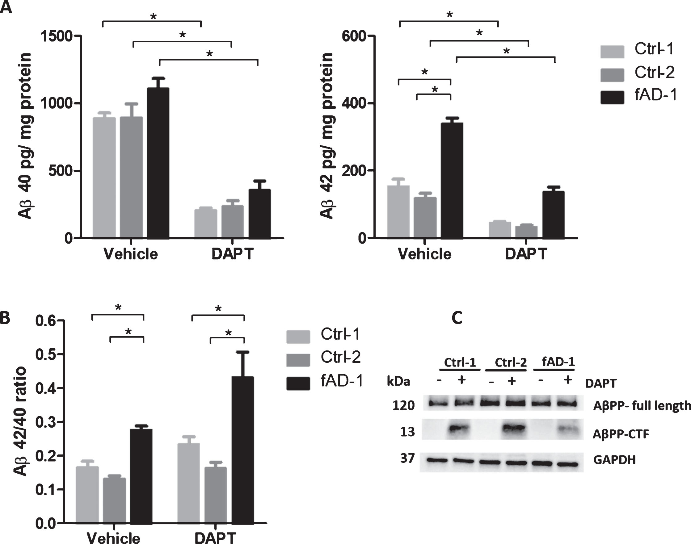 Pharmacological modulation of amyloid secretion and AβPP processing by DAPT treatment. A) ELISA analyses of Aβ40 and Aβ42 endogenously secreted into conditioned media from controls (Ctrl-1 and Ctrl-2) and fAD cell lines treated with vehicle (0.1% DMSO) or with 1 μM DAPT for 48 h. Data normalized to total mg of protein. B) Ratio between Aβ42 and Aβ40 secreted from controls (Ctrl-1 and Ctrl-2) and fAD cell lines±treatment with 1 μM DAPT for 48 h. C) Representative western blot analysis of total lysates showing the accumulation of AβPP-CTF upon treatment with 1 μM DAPT for 48 h; In A and B, two-tailed t-tests were performed when comparing different conditions (vehicle and DAPT) within the same cell line, while one-way ANOVA performed with Tukey’s multiple comparisons test was applied to find differences between the cell lines. *p < 0.05; Error bars = SEM; ELISA and WB measurements were performed at least as biological triplicates.