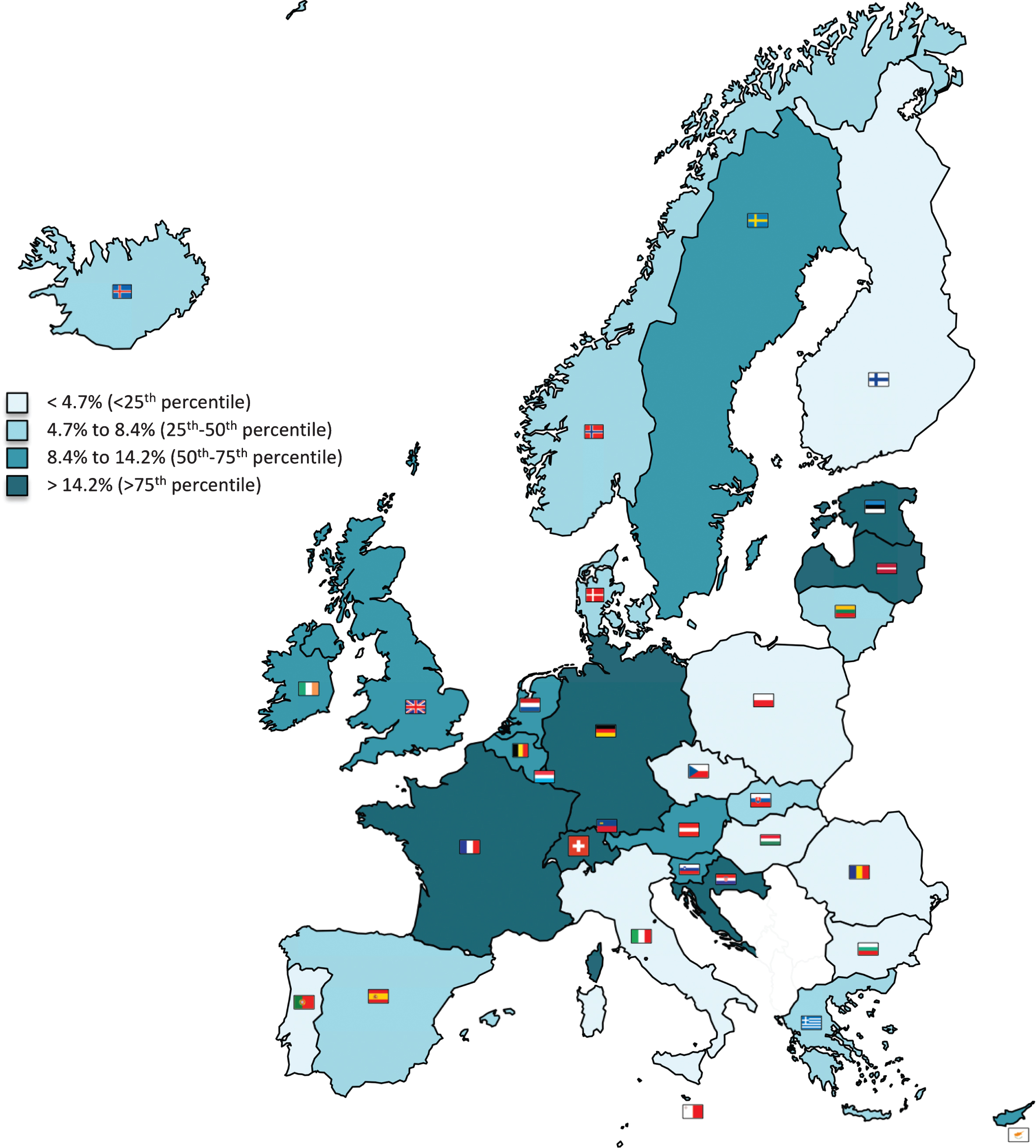 Proportion of mild cognitive impairment cases occurring in migrants in the 32 considered countries. Estimated cases of mild cognitive impairment in migrants and in the overall population were calculated by considering the International Working Group definition.