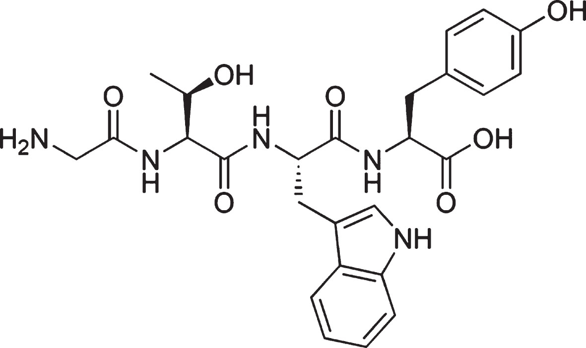 Chemical structure of β-lactolin. The chemical structure of β-lactolin, glycine-thereonine-tryptophan-tyrosine (GTWY) lactotetrapeptide.