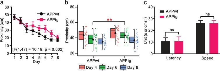MCI detection of mice using the short-ITI protocol. MCI was assessed via proximity in training trials and probe trials. a) ANOVA of a mixed model repeated measure analysis showed a significant group effect. b) The memory of the platform location was assessed during probe trials. The proximity value decreased gradually from day 4 to day 9 for both groups and showed statistically significant group differences on day 6 (two-tailed unpaired t-test: p = 0.005). Here, a horizontal line is a median, a black circle is a mean, a box is an interquartile range (IQR), and the whiskers are 1.5x IQR. Additionally, individual points are shown as jitter points in a separate vertical column alongside boxplot. c) At the end of the WM task, visual cue trials were conducted to assess visual acuity and motor performance (two-tailed unpaired t-test - latency: p = 0.94; speed: p = 0.76). Values are shown as mean±95% CI (confidence interval). ∗∗p < 0.01; ns: non-significant; APPwt N = 23 and APPtg N = 26 animals.