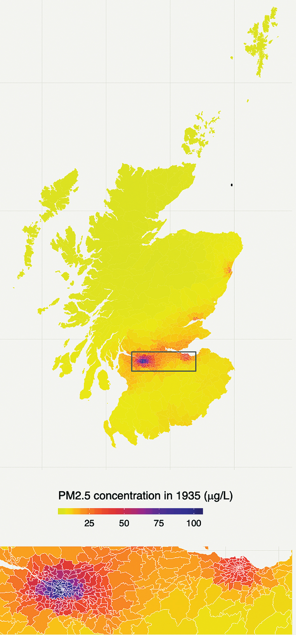 Modelled particulate matter (PM2.5) values in 1935: life course air pollution exposure and cognitive decline in the LBC1936.The area displayed in the lower panel and enclosed in a box on the upper panel is the central belt of Scotland including Glasgow (left) and Edinburgh (right). Over half of the population of Scotland lives in this area.