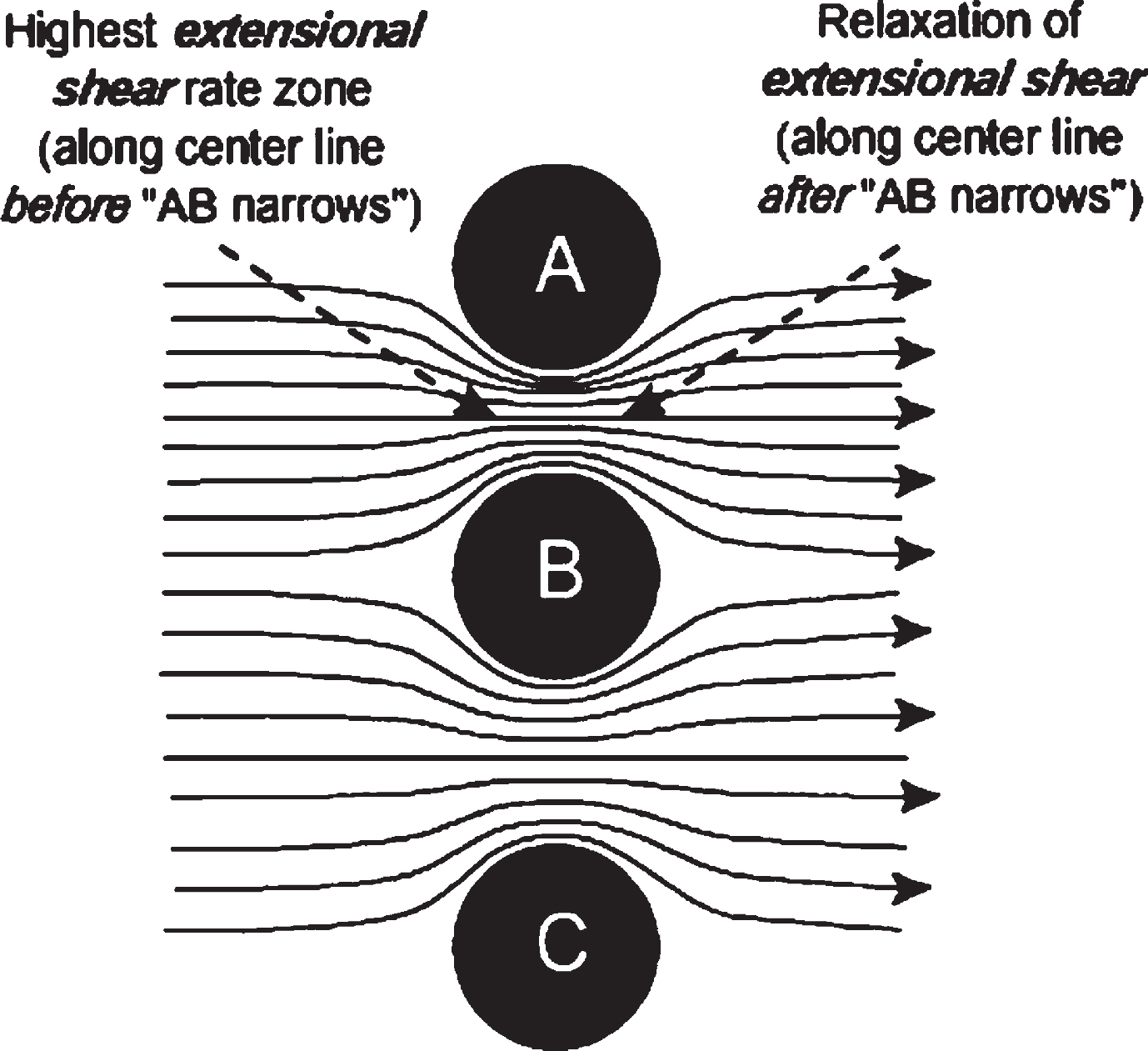 In both cases, extensional shear is found on the left side. A lower extensional shear rate is found between B and C. Predominant laminar shear is found close to A, B, and C surfaces.