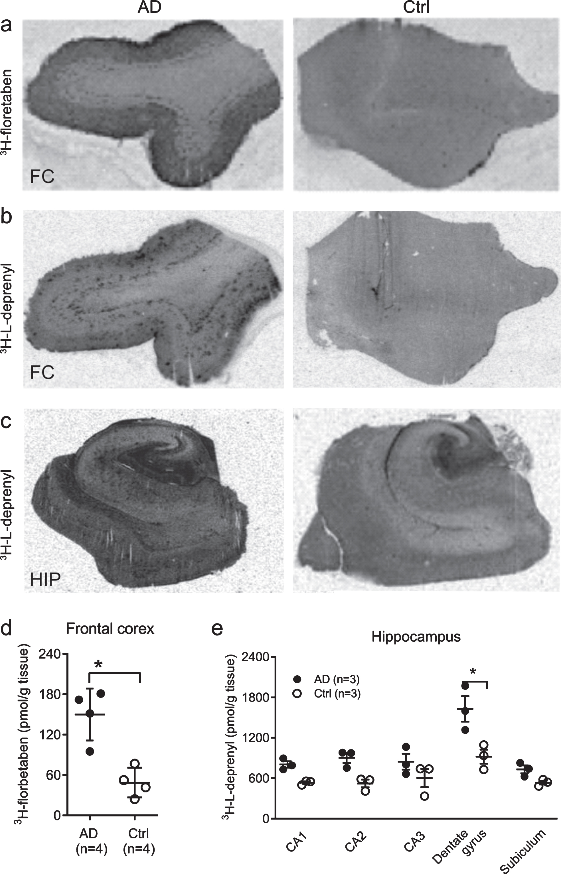 Autoradiography using 3H-florbetaben and 3H-L-deprenyl in AD and control brain. Autoradiography and quantification in AD (n = 3) and control cases (n = 3), using (a, d) 3H-florbetaben (5 nM) in the frontal cortex slices; (b-c, e) using 3H-L-deprenyl (10 nM) in the frontal cortex and the hippocampus slices; Significant differences between AD and control groups are indicated by *p < 0.05.