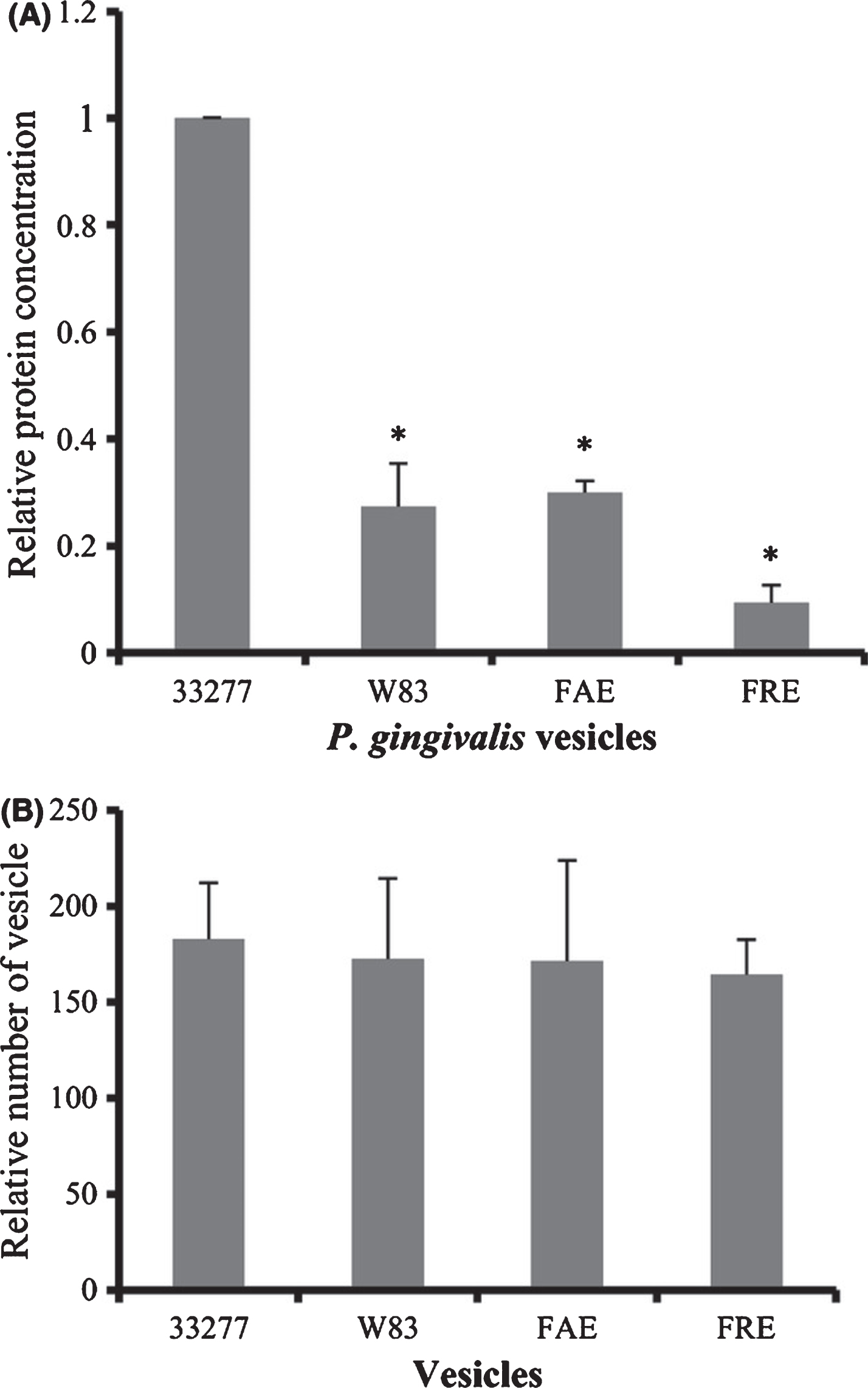 Expression of Hgp44 and FimA protein in P. gingivalis vesicles. A) Levels of FimA and Hgp44 of gingipains in surface extracts (SE) of Pg33277 or an afimbriated strain (W83), and in vesicles (V) of 33277, W83, fimAmutant (FAE), and fimRmutant (FRE) were analyzed using western blot analysis with rabbit anti-FimA or rabbit anti-Hgp44 sera. Reprinted with permission from Mantri CK, Chen CH, Dong X, Goodwin JS, Pratap S, Paromov V, Xie H (2015) Fimbriae-mediated outer membrane vesicle production and invasion of Porphyromonas gingivalis. Microbiology Open 4, 53–65, under the terms of the Creative Commons CC BY license.