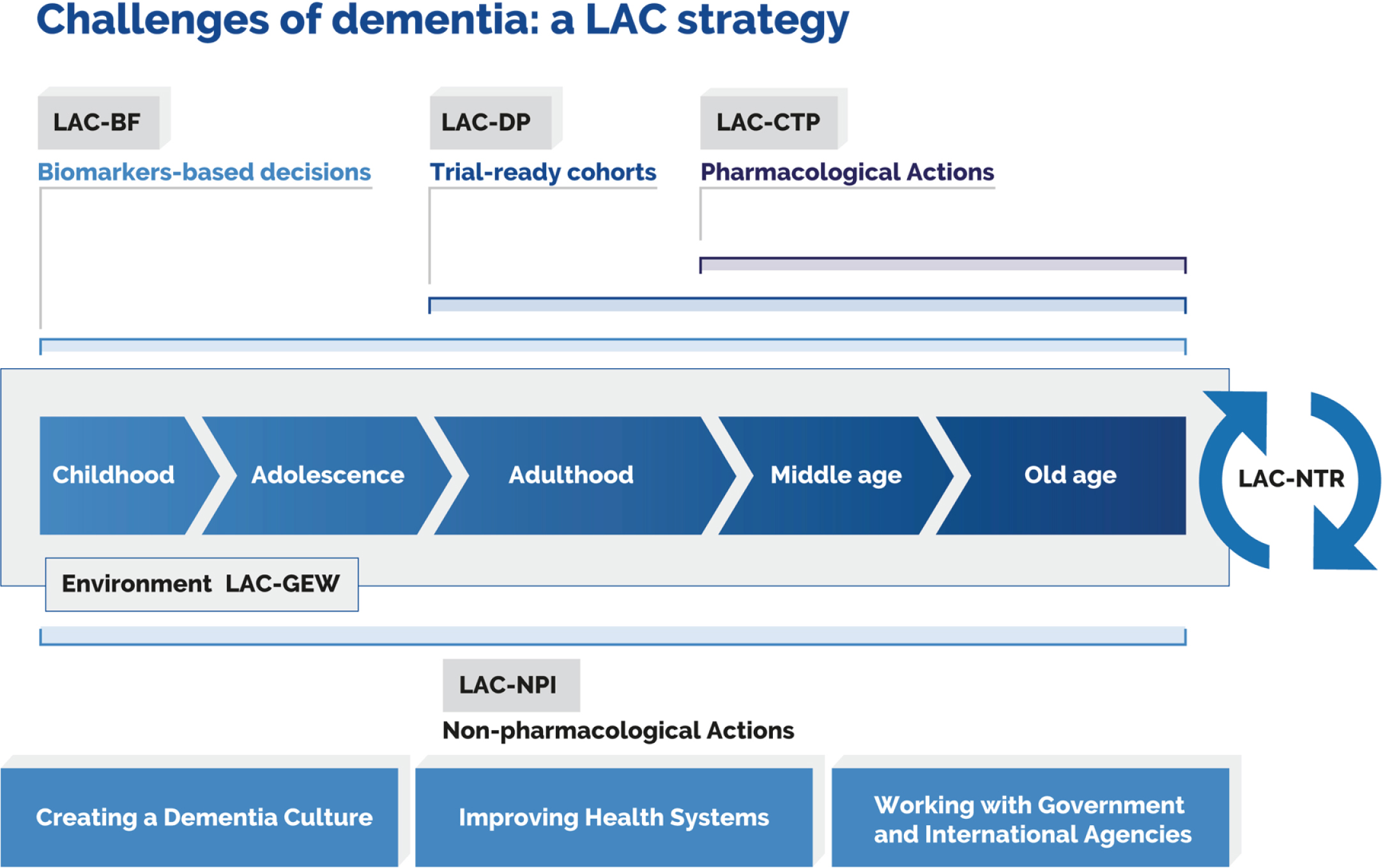 Knowledge-to-action framework. The diagram captures challenges posed by dementia and the related mapping of key actions. Such actions may be linked to specific working groups that have been included in the framework. This approach comprises a biomarker framework (LAC-BF), genetics and epidemiology workgroup (LAC-GEW), dementia platform (LAC-DP), clinical trial program (LAC-CTP), nonpharmacological interventions (LAC-NPI), and an LAC network for translational research (LAC-NTR). Reproduced with authorization from [1].