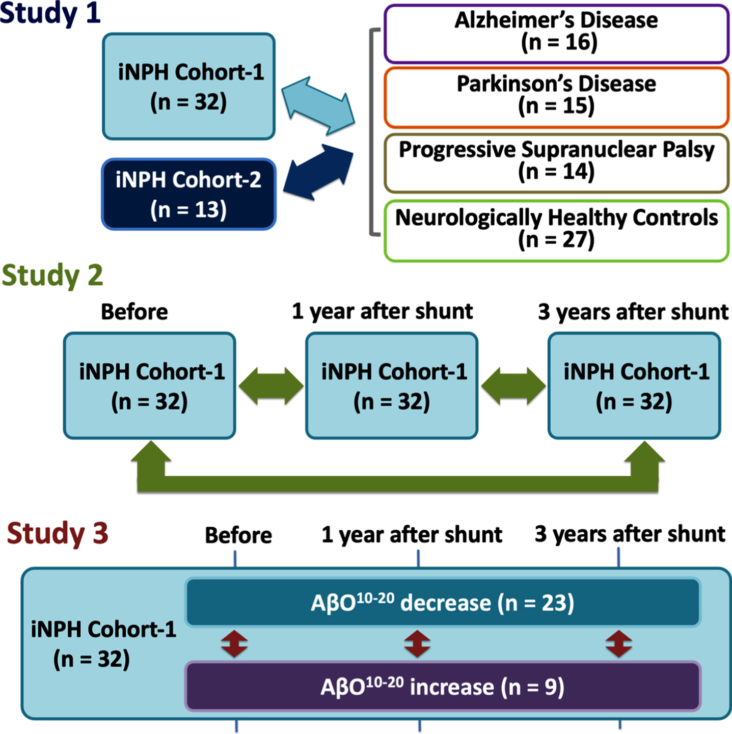 Study designs. First, we compared iNPH cohorts with comparison cohorts: AD, PD, PSP, and HCs (Study 1). Second, we compared iNPH cohort-1’s measurement before and after CSF shunting (Study 2). Third, we subdivided iNPH cohort-1 members into AβO10–20 decrease or increase subgroups and compared them in terms of biomarkers and neurological statuses at before and 1 and 3 years after CSF shunting (Study 3). AD, Alzheimer’s disease; AβO10–20, amyloid-β oligomer10–20; CSF, cerebrospinal fluid; iNPH, idiopathic normal pressure hydrocephalus; HCs, healthy controls; PD, Parkinson’s disease; PSP, progressive supranuclear palsy.