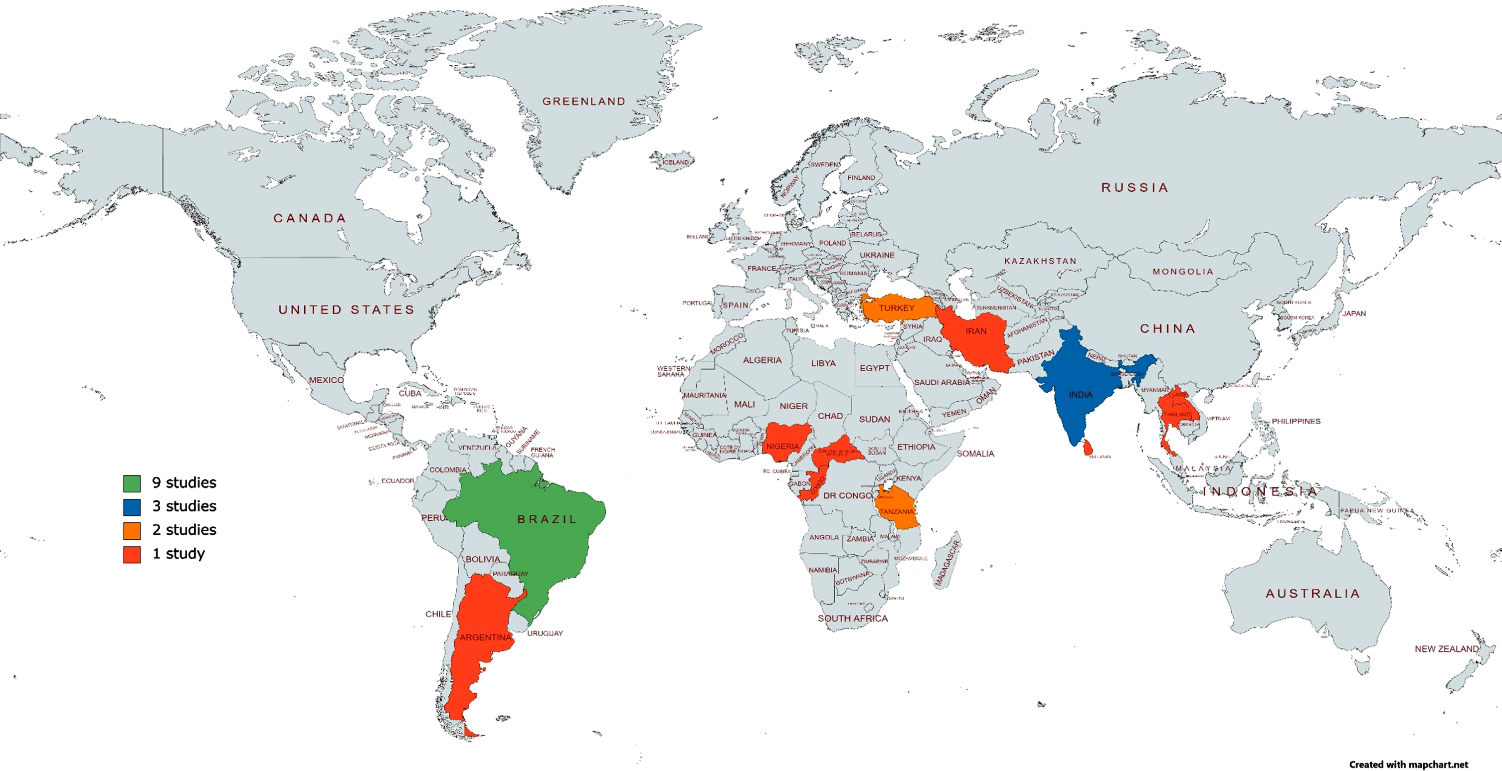 Heat map of locations for research into the development, adaption, and validation of assessments for instrumental activities of daily living to support dementia diagnosis in low-middle income countries.