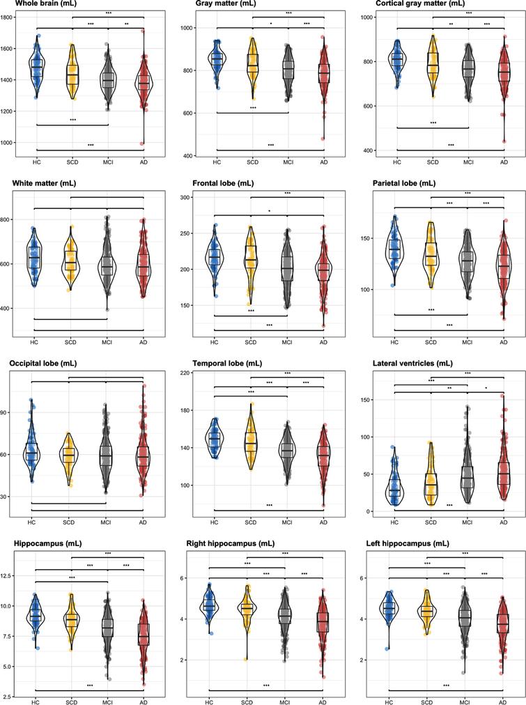 Violin boxplots per brain region –icobrain dm. Differences between groups reported using post-hoc analysis (“Tukey” correction) for normalized brain volumes. p values: 0 ‘***’< 0.001 ‘**’< 0.01 ‘*’< 0.05. The absence of a notation corresponds to a non-significant value. p values are presented in Tables 3 and 4. HC, cognitively healthy controls; SCD, subjective cognitive decline; MCI, mild cognitive impairment; ADD, Alzheimer’s disease dementia.
