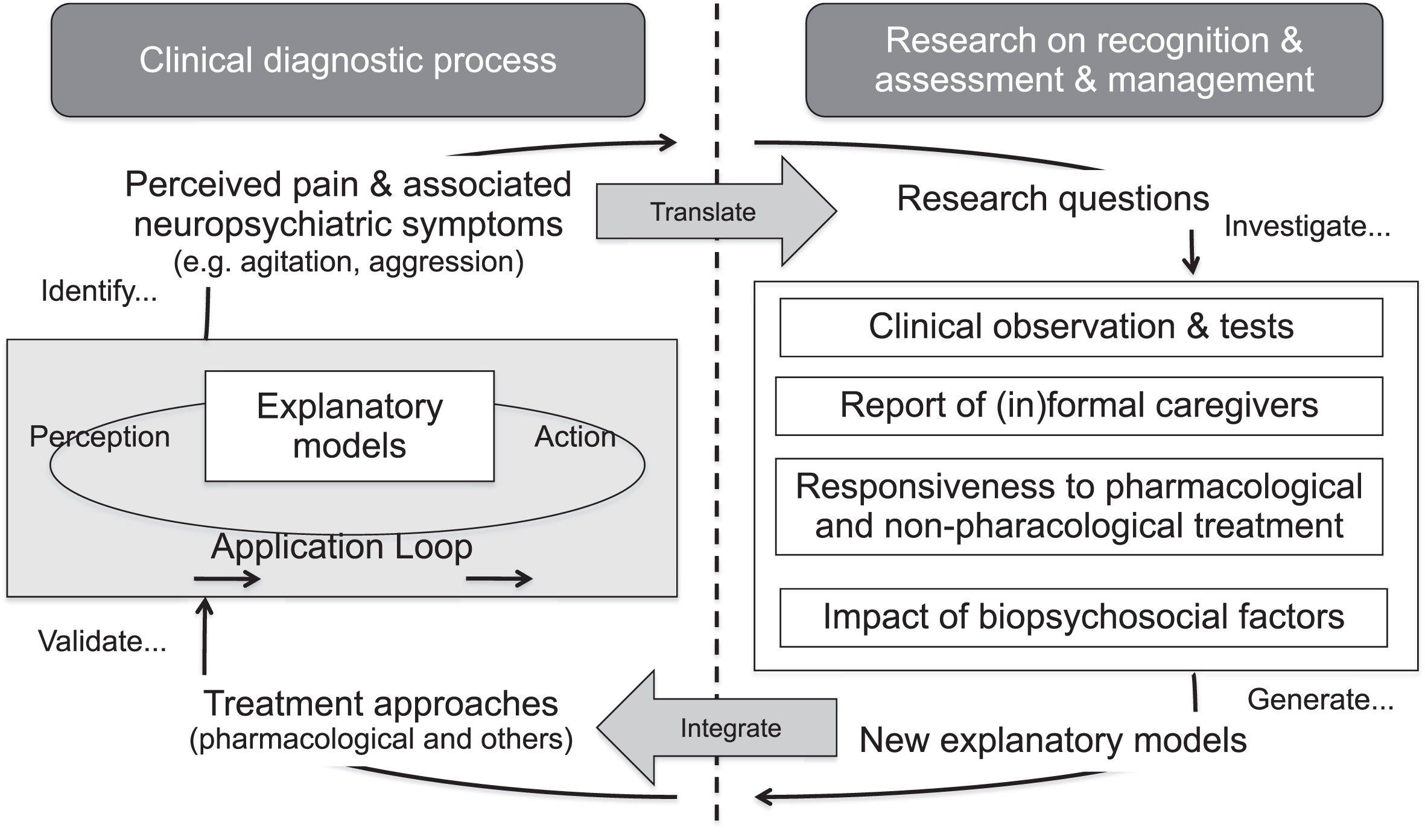 Conceptual framework for an adaptation loop targeted at ameliorating the clinical process of recognizing, assessing, and managing pain and associated neuropsychiatric symptoms in non-communicating patients with advanced dementia. In our case, relevant research questions that need to be evaluated empirically are, among others, which pain assessment tools are reliable in dementia, which treatment approaches are effective in terms of pain management, and which are likely to also alleviate pain-related neuropsychiatric symptoms, which factors are apt to impact upon pain perception and responsiveness to treatment, etc.