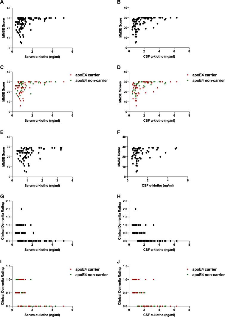 
α-klotho levels in serum (A) and CSF (B) were strongly positively correlated with MMSE scores. The relationship between serum α-klotho levels and MMSE scores was seen in both apoE4 carriers and non-carriers (C). Similarly, the relationship between CSF α-klotho levels and MMSE scores held in apoE4 carriers and non-carriers (D). When maximum MMSE scores are excluded, α-klotho levels in serum (E) and CSF (F) were still strongly positively correlated with MMSE scores. α-klotho levels in serum (G) and CSF (H) were strongly negatively correlated with clinical dementia rating. This relationship was seen in both apoE4 carriers (I and J).