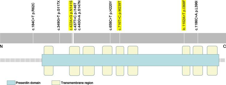Mutation distribution of PSEN2 (NM_000447.2). It illustrates the nine PSEN2 rare variants in this study. The pathogenic/likely pathogenic variants are highlighted in yellow.