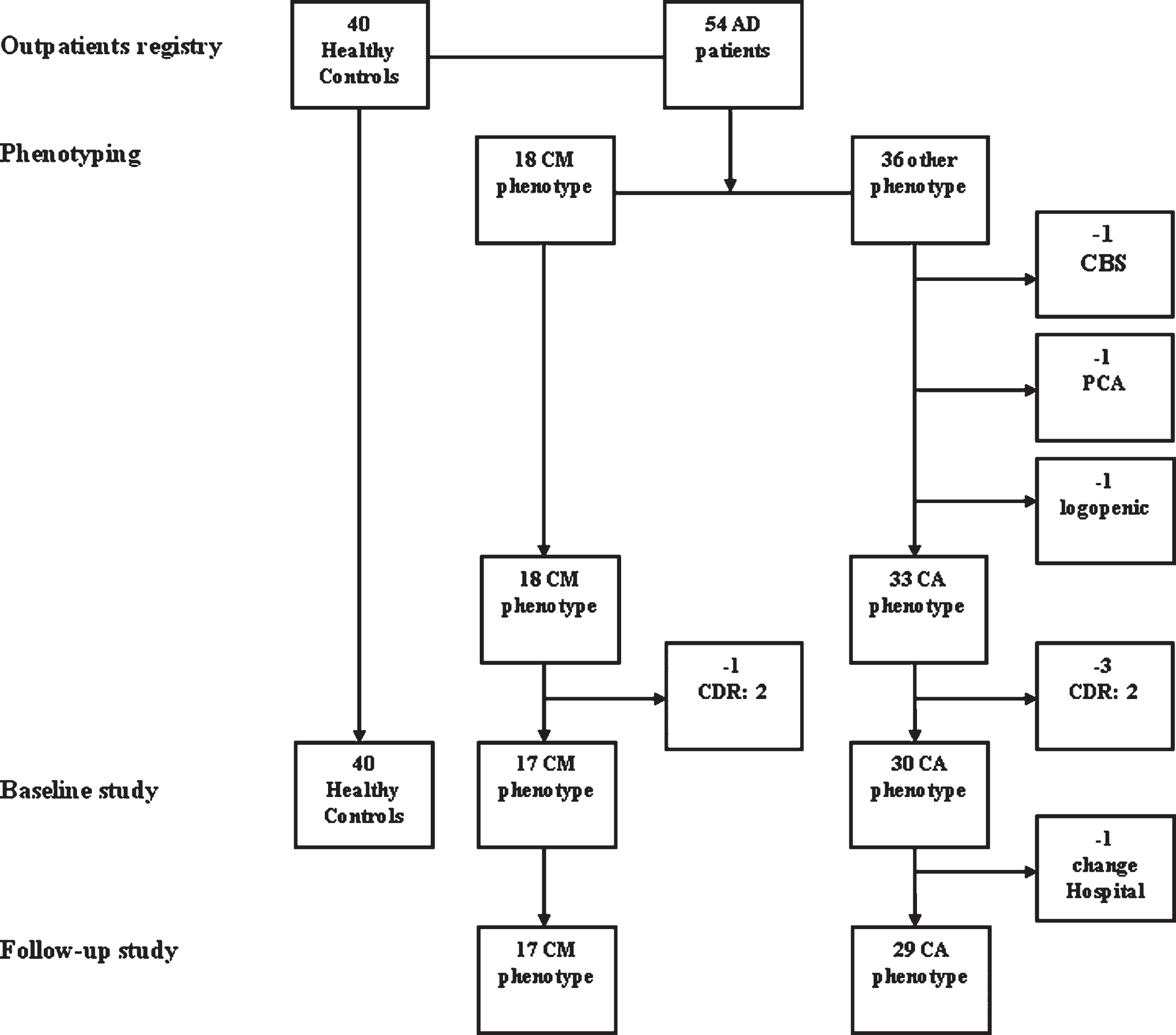Flow-chart of the study sample. We first identified 18 outpatients presenting with a possible confabulation-misidentification phenotype (CM-phenotype) among the patients with AD diagnosis supported by positive biomarkers in the CSF visited in a ten-year period at the Geriatric Unit of the Ca’ Granda Foundation hospital. Then, we excluded one CM-AD patient from this group because she was at moderate stage of dementia (CDR: 2) when she came to our first observation. At the same time, we first selected 33 outpatients presenting with a classical amnesic phenotype (CA-phenotype) among the 36 outpatients with AD diagnosis supported by positive biomarkers in CSF remaining in the outpatient registry in the same period after the extraction of the 18 CM-AD patients. Instead, 3 patients were excluded because presenting an atypical phenotype of AD (i.e., corticobasal syndrome, PCA syndrome, logopenic aphasia). Then, we excluded 3 CA-ADs because they were at advanced stage of dementia (all CDR: 2) at the time of the first visit. In total, 17 CM-ADs and 30 CA-ADs, all at early dementia stage (CDR 0.5 or 1), participated in the cross-sectional study at the time of the baseline assessment. Instead, 17 CM-ADs and 29 CA-ADs participated in the longitudinal study, due to the fact that one CA-AD patient underwent follow-up visits into a different hospital. Finally, we selected 40 people taken from the general outpatient registry in the same Unit among those patients resulted cognitively unimpaired after the neuropsychological assessment, who served as healthy controls (HC) group in the first baseline assessment.