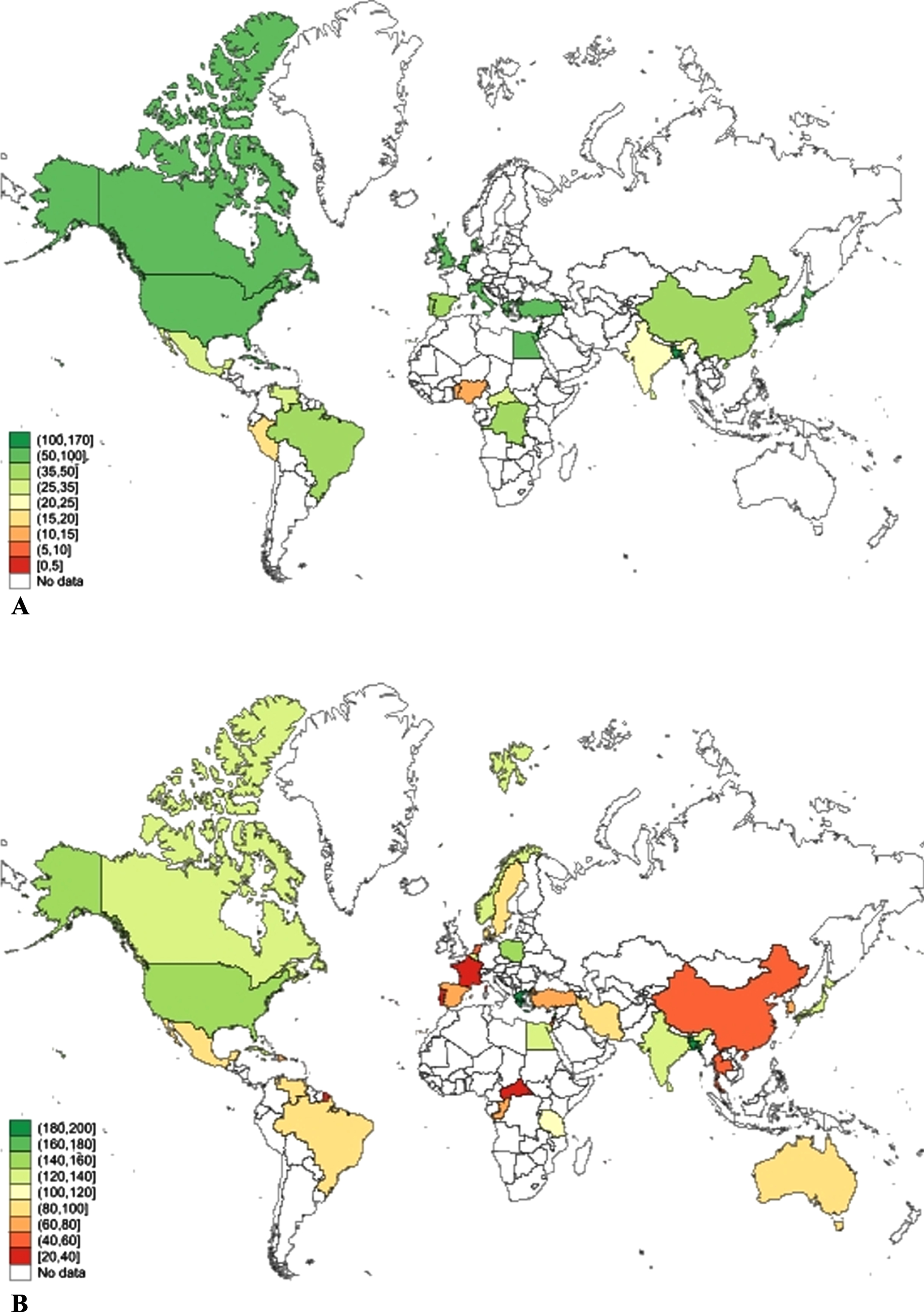 Global prevalence of dementia among persons (A) aged 65 years and older, and (B) aged 75 years and older, by country.