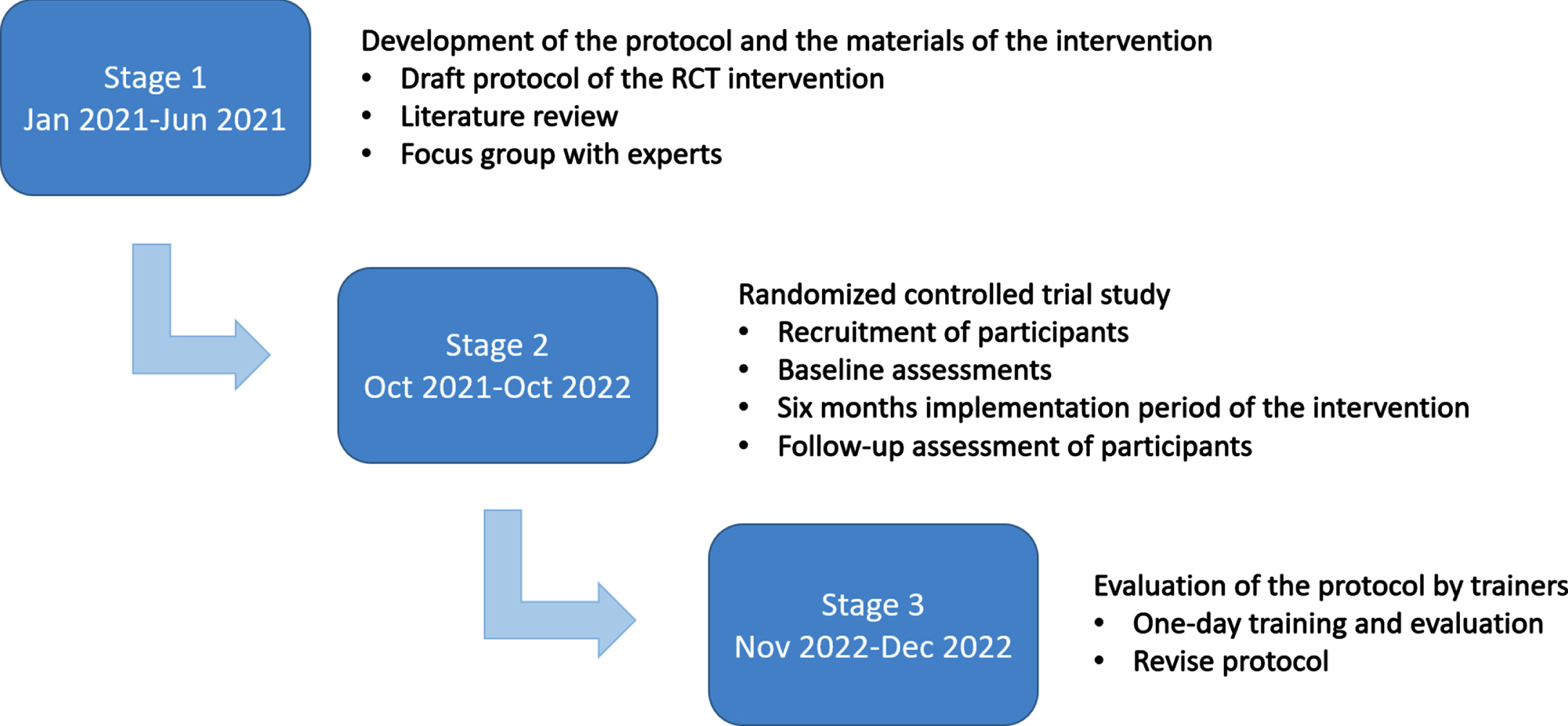 Timeline and stages for developing the E.L.So.M.C.I. intervention protocol.