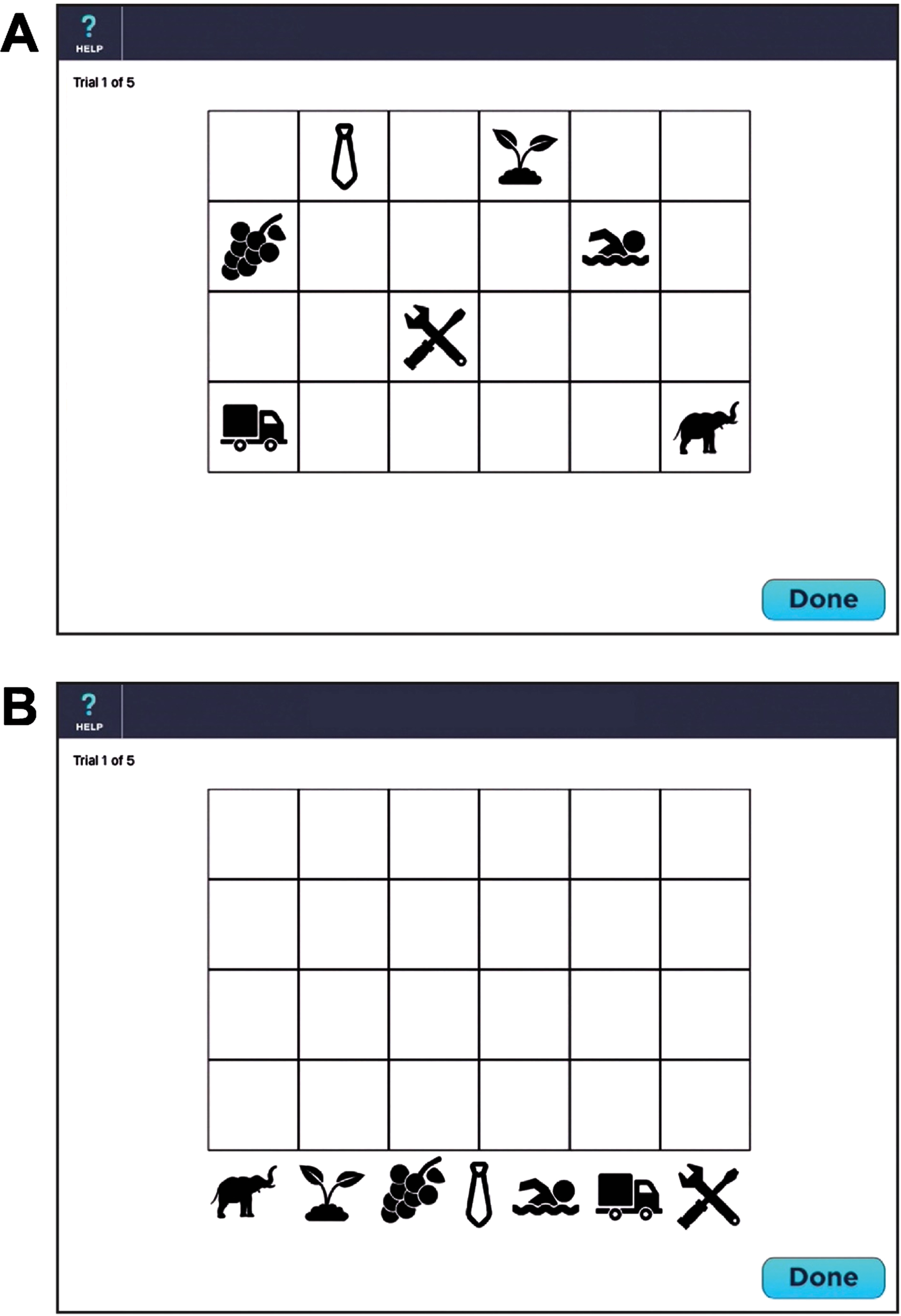 Screenshot of the Visual Memory Test (see text for details). A) Presentation of 7 symbols within the 4×6 checkerboard during memory encoding. B) The 7 symbols are randomly located at the bottom of the screen during memory retrieval.