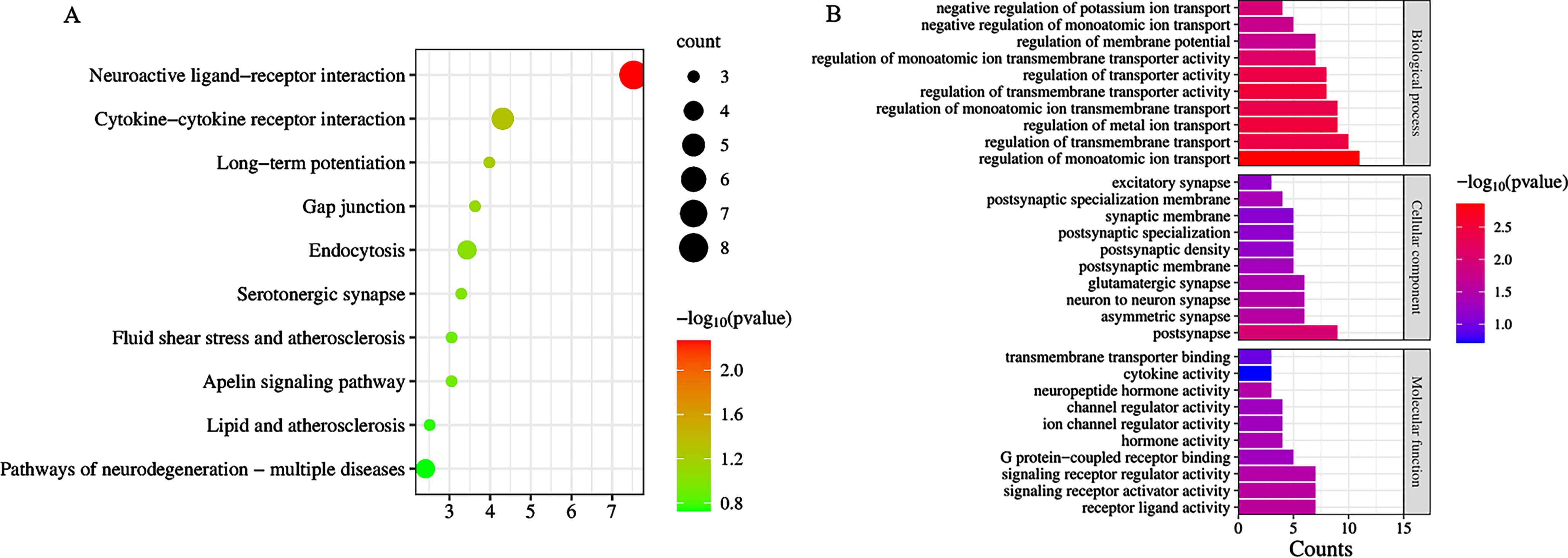 A) Bubble diagram of KEGG signaling pathway; B) bar graph of Gene Ontology analysis diagram.