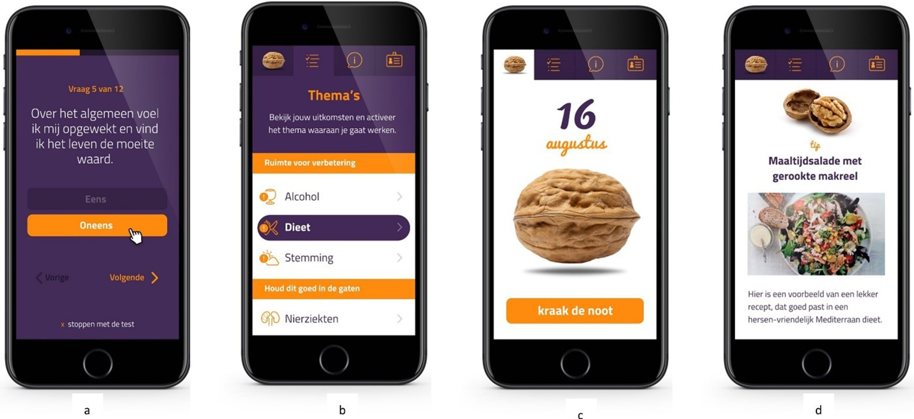 User interface MyBraincoach app. a) Completing the LIBRA test; b) Personal brain health profile; c) Presentation of daily notification (“Walnut of the day”); d) Content of daily notification (screenshot from LIBRA theme diet: advice in the form of a brain-healthy recipe). LIBRA, LIfestyle for BRAin health index.