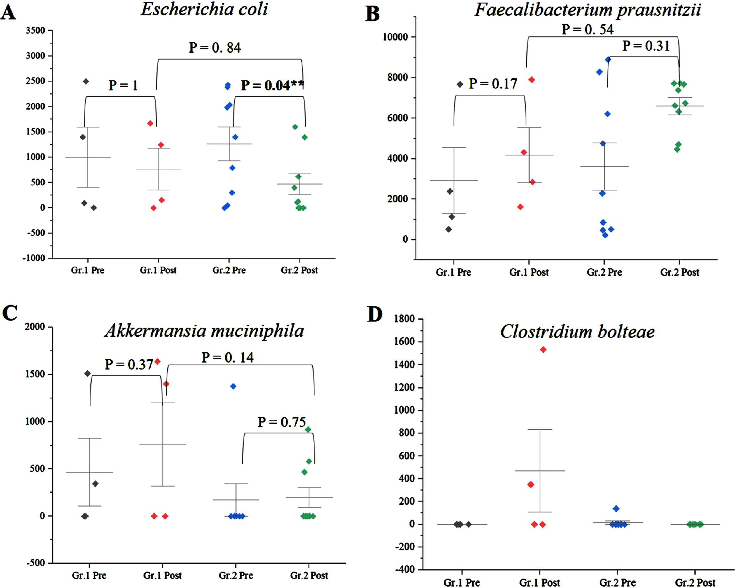 A) Significant decrease in abundance of E. coli in Group (Gr.) 2 compared to Group (Gr.) 1 (p = 0.04). B) Increase in abundance of Faecalibacterium prausnitzii in Gr. 2 compared to Gr. 1 (p = 0.54). C) Increase in Akkermansia muciniphila in Gr. 1 but decrease in Gr. 2 postintervention. D) Increase in Clostridium bolteae CAG:59 in Gr. 1 but decrease in Gr. 2 postintervention. **significance p < 0.05