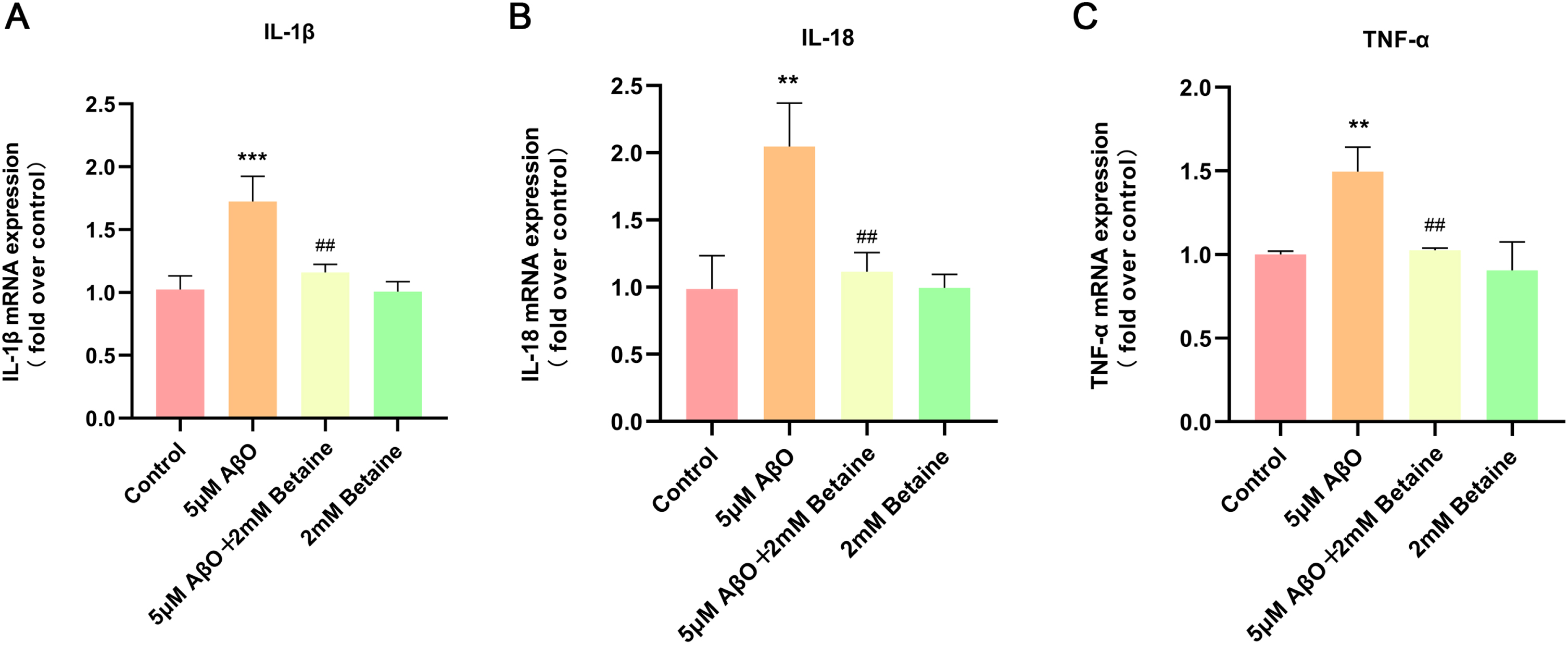 Effect of betaine on AβO-induced inflammatory cytokine production in BV2 cells. A–C) The mRNA levels of IL-1β, IL-18, and TNF-α were analyzed by qRT-PCR. The data were collected from three independent experiments (n = 3). **p < 0.01, ***p < 0.001 versus the control group. # #p < 0.01 versus the AβO group.