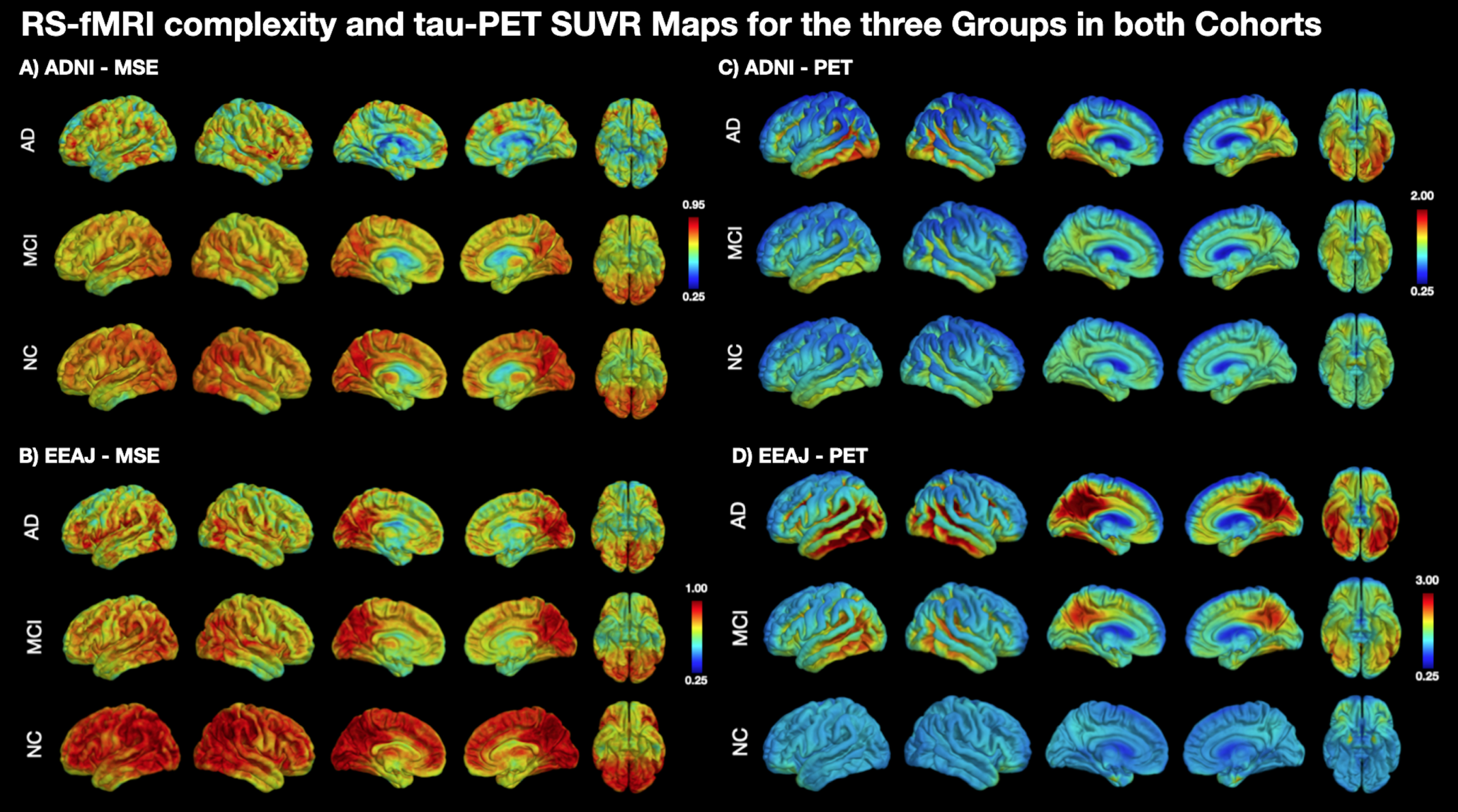 Mean maps for rs-fMRI complexity and tau-PET SUVR in subgroups of both cohorts. CN, cognitively normal; MCI, mild cognitive impairment; AD, Alzheimer’s disease; MSE, multi-scale entropy.