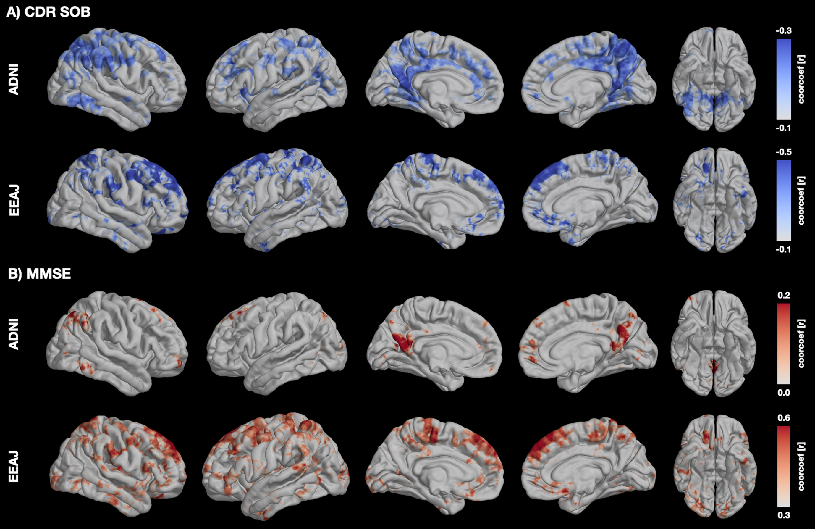 Voxel-wise correlation maps visualizing the association between fMRI complexity and MMSE (A) and CDR-SOB (B) in each cohort. MMSE, Mini-Mental State Exam; CDR-SOB, Cognitive Dementia Rating Sums of Boxes.