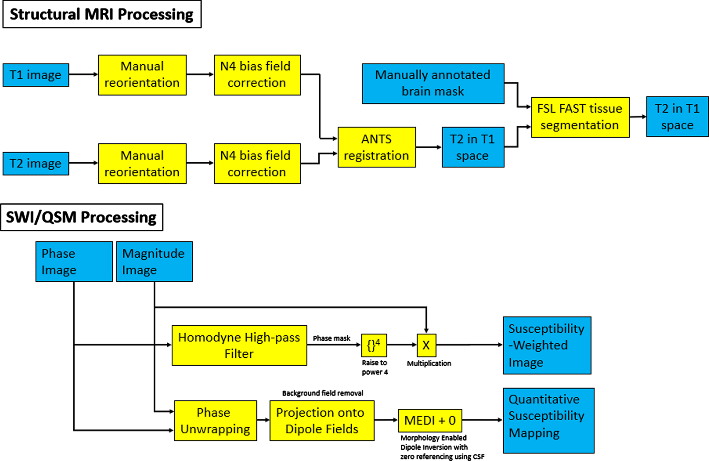 Flowchart of the various filters applied for the processing of structural and SWI/QSM images. Blue boxes correspond to image inputs/outputs, while yellow corresponds to applied filters and transformations.