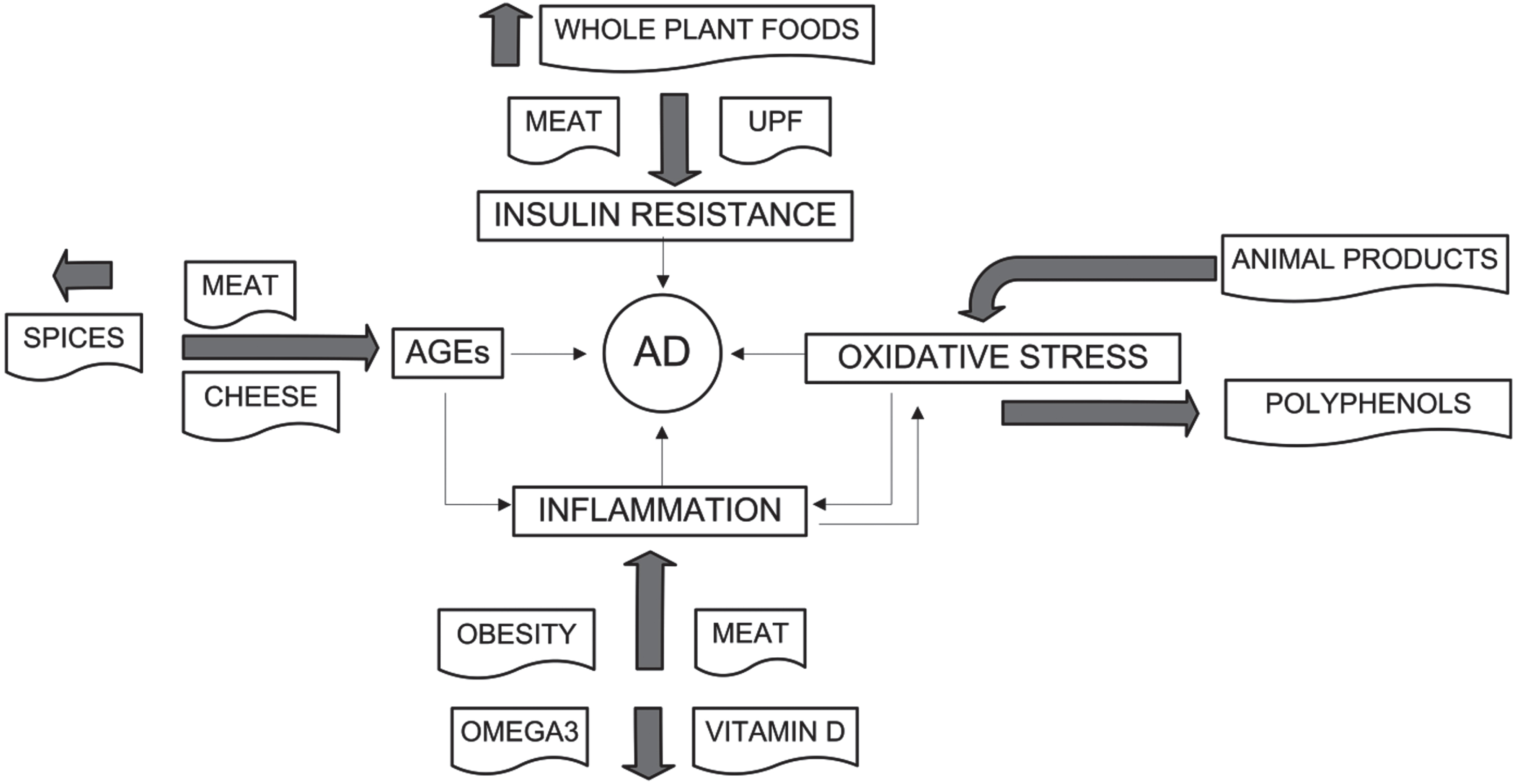 Effects of specific dietary food groups and factors on risk of AD.