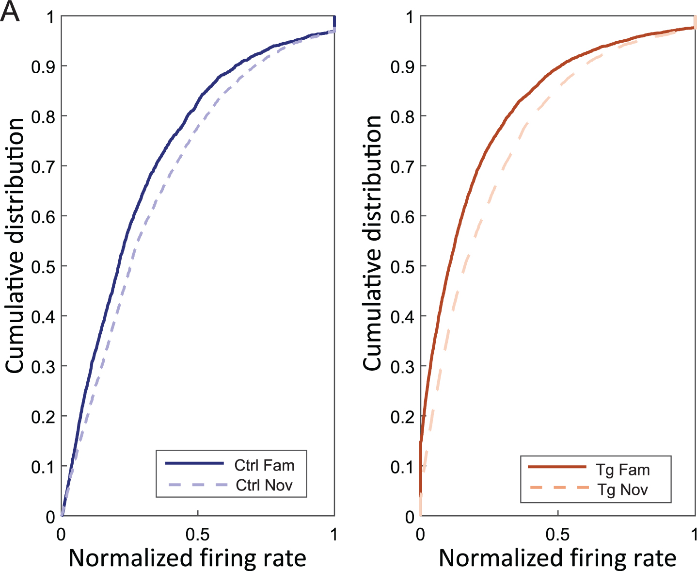 Increased normalized firing rate in novel environment. Panel A illustrates the cumulative distribution on the y-axis and the normalized firing rate on the x-axis in familiar and novel environments for both controls (left plot) and transgenics (right plot). The graph shows an increased firing rate in both groups in response to novel conditions.