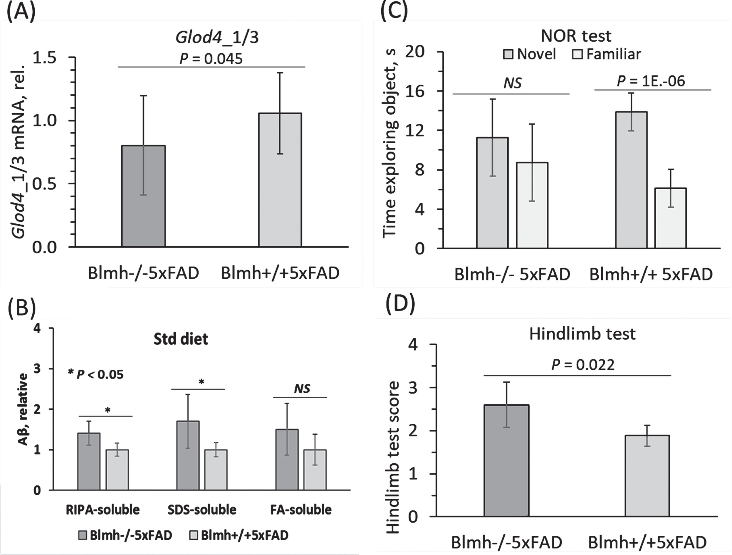 Reduced expression of brain Glod4_1/3 mRNA is associated with elevated Aβ and impaired cognitive/neuromotor performance in a mouse model of Alzheimer’s disease. Five-month-old mice of both sexes were used in the experiments: Blmh–/–5xFAD (n = 22) and their Blmh+/+5XFAD siblings (n = 15). Bar graphs illustrate quantification of (A) Glod4_1/3 mRNA using Actb mRNA as a reference, (B) Aβ, and cognitive/neuromotor performance in (C) NOR and (D) hindlimb tests. Panels B, C, and D were reproduced with permission from 20. Data points for each mouse group represent mean±SD of two to four independent measurements for each mouse. p-values for Glod4_1/3 mRNA and the hindlimb test were calculated by an unpaired two-sided Student t test. p-values for the NOR test were calculated by the paired two-sided Student t test. p-values for Aβ were calculated by one-way ANOVA with Tukey’s multiple comparisons test. NS, not significant.