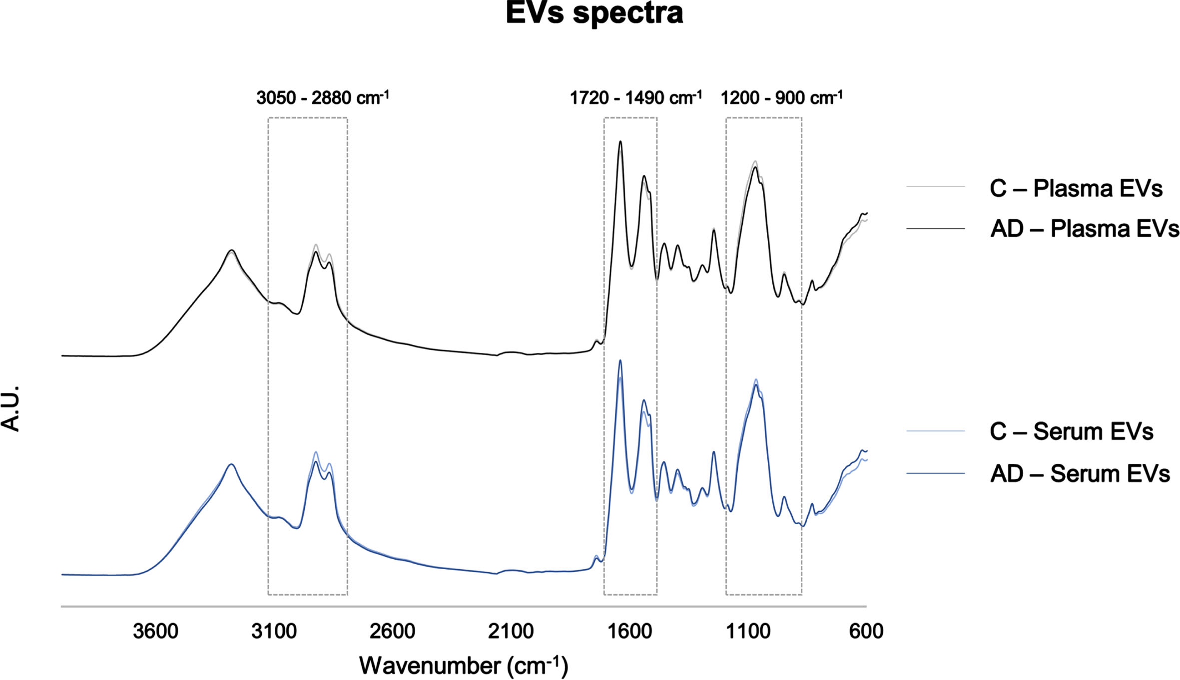 Serum- and plasma-derived EVs FTIR spectra. Average pre-processed spectra of the 4000–600 cm–1 region. Boxes highlight the regions analyzed: 3050–2800 cm–1, 1720–1490 cm–1, 1200–900 cm–1. AD, Alzheimer’s disease; A.U., arbitrary units; C, controls; EVs, extracellular vesicles.