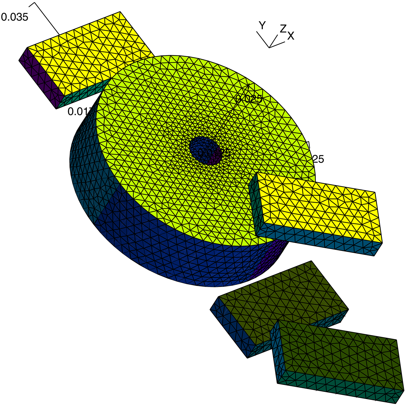 Finite element model showing a 3d mesh for one half of the system considering composite motion.